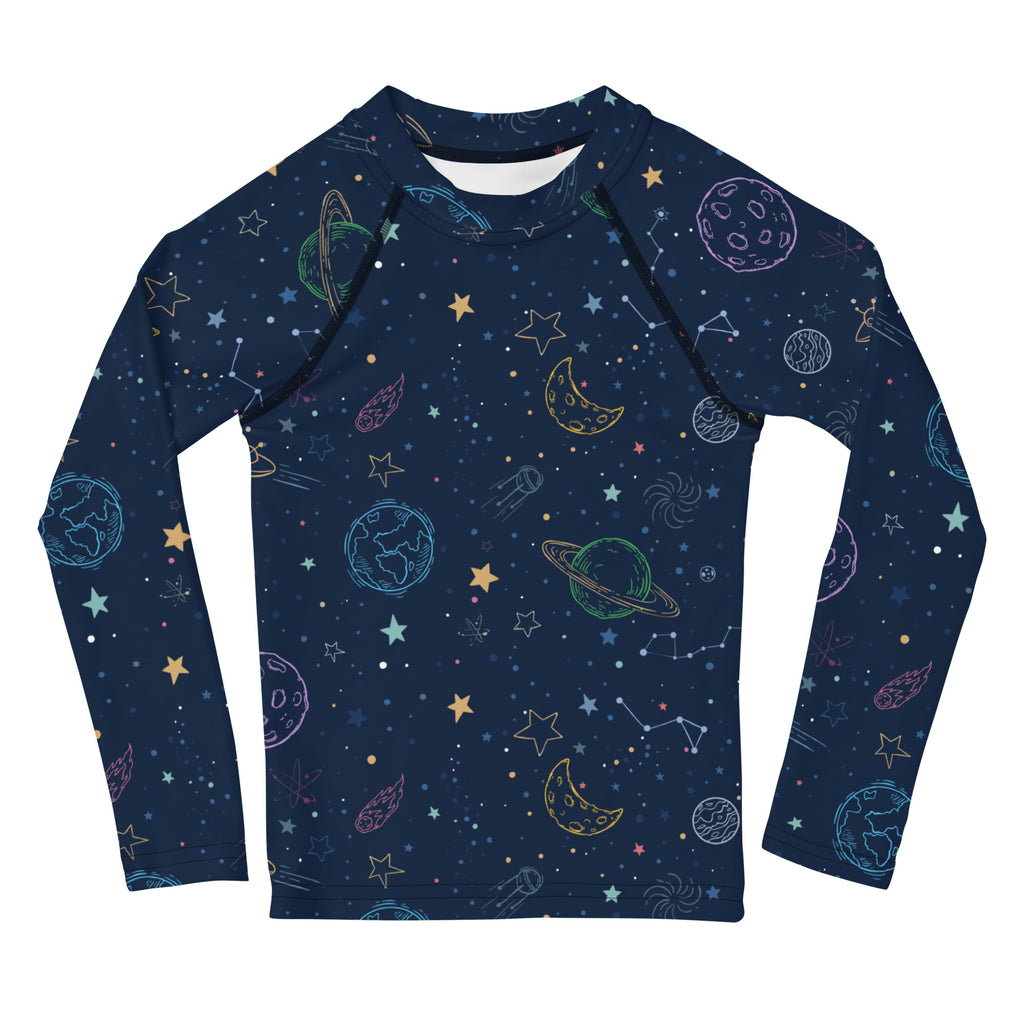 Navy blue kids long sleeve rash guard swim shirt with playful pastel space print and UPF 50 plus sun protection