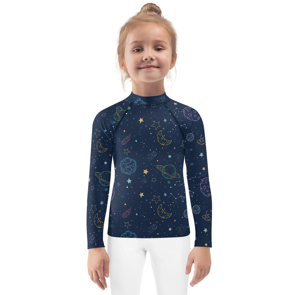 Navy blue kids galaxy long sleeve rash guard swim shirt with colorful space print and upf 50 plus sun protection