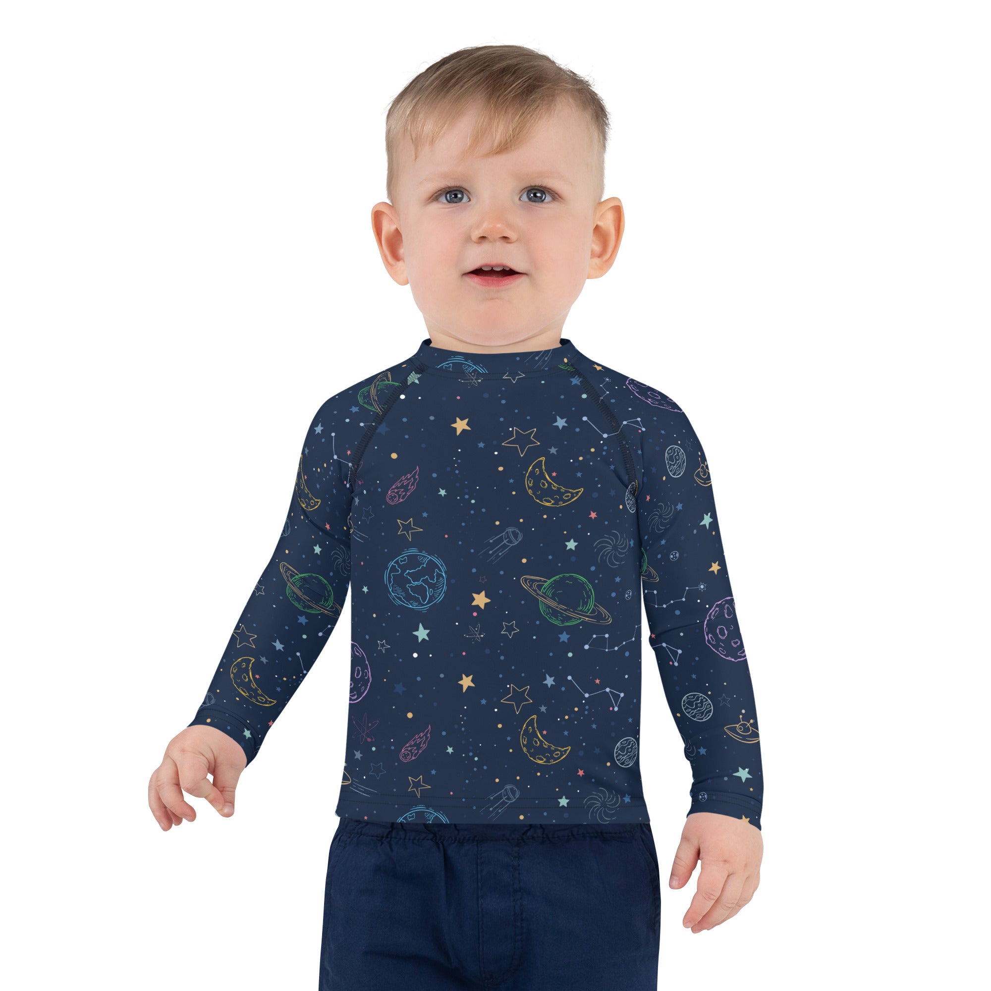 Navy blue kids long sleeve rash guard swim shirt with pastel rainbow cosmic print and UPF 50 plus sun protection