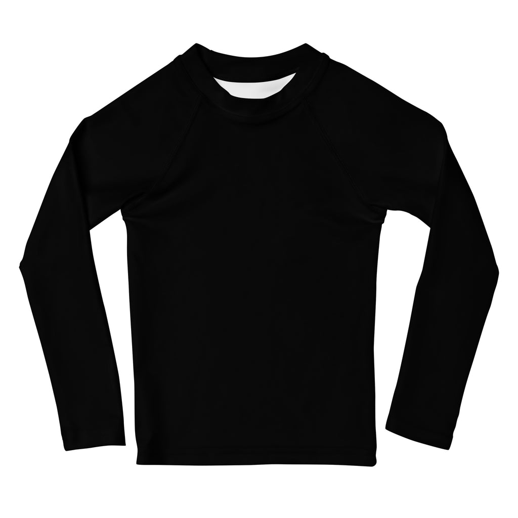 Kids black long sleeve rash guard swim shirt with UPF 50 plus solid color crew neck for sun protection