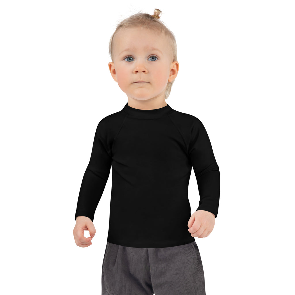 Black long sleeve rash guard swim shirt with upf 50+ featuring a mock neck for kids