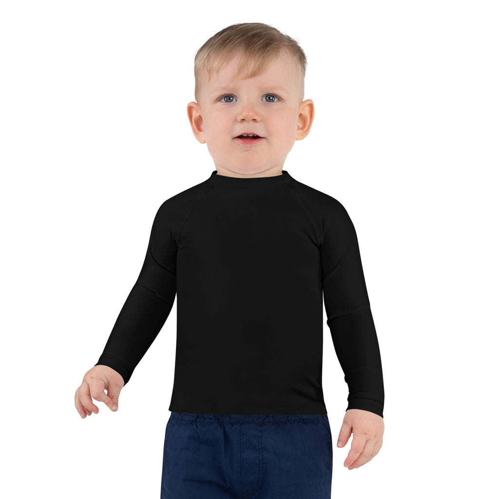 Kids black long sleeve rash guard swim shirt with UPF 50 plus featuring a simple solid design for sun protection