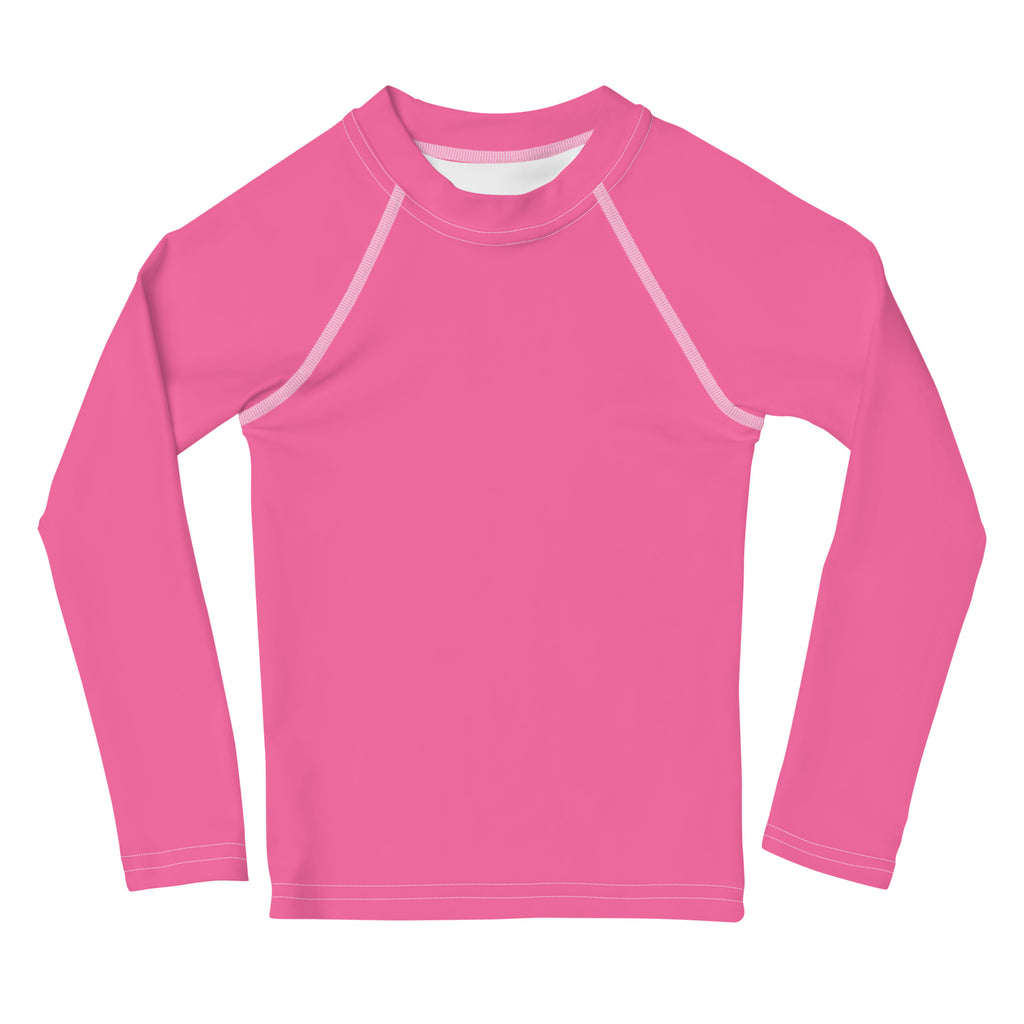 Girls pink long sleeve rash guard swim shirt with white stitching and UPF 50 plus for sun protection