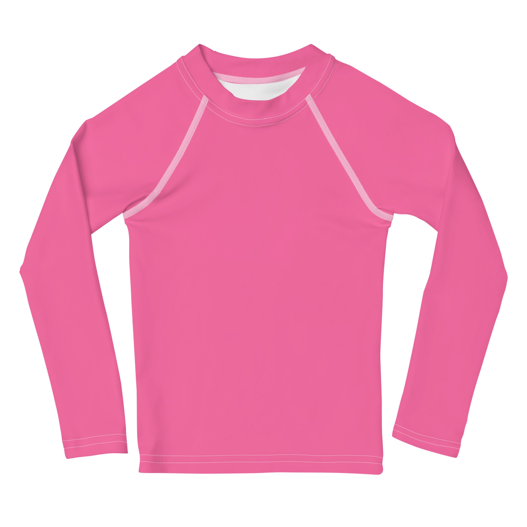 Girls pink long sleeve rash guard swim shirt with white stitching and UPF 50 plus for sun protection