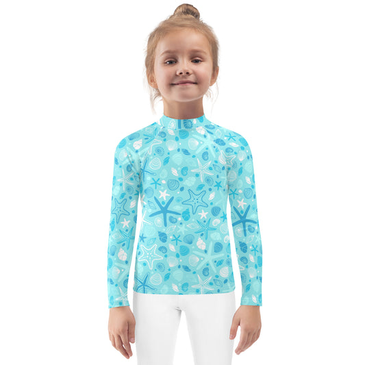 Kids Starfish & Seashell Long Sleeve Rash Guard Swim Shirt With UPF 50+