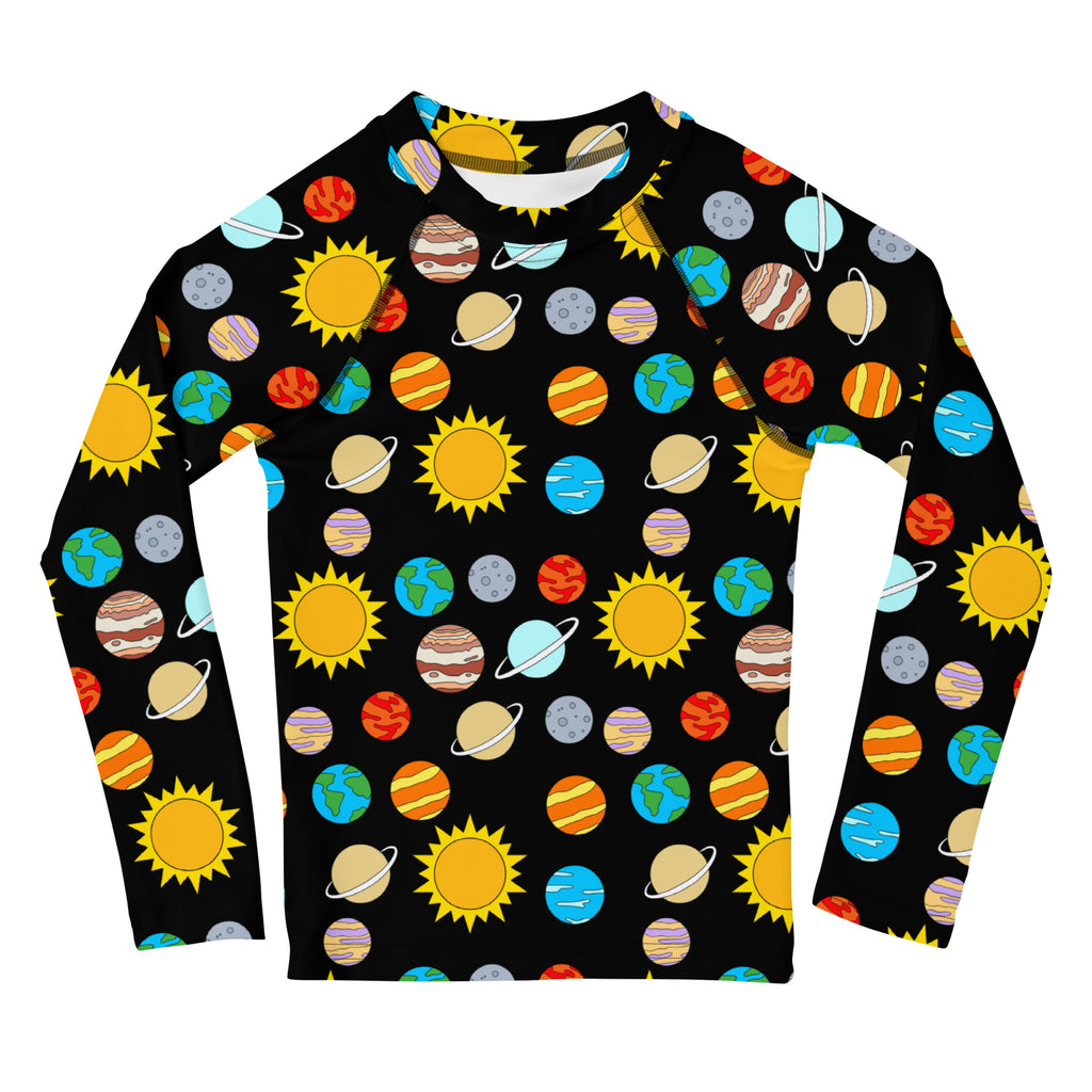 Black long sleeve rash guard with colorful cartoon planets and yellow suns featuring UPF 50 plus sun protection for kids
