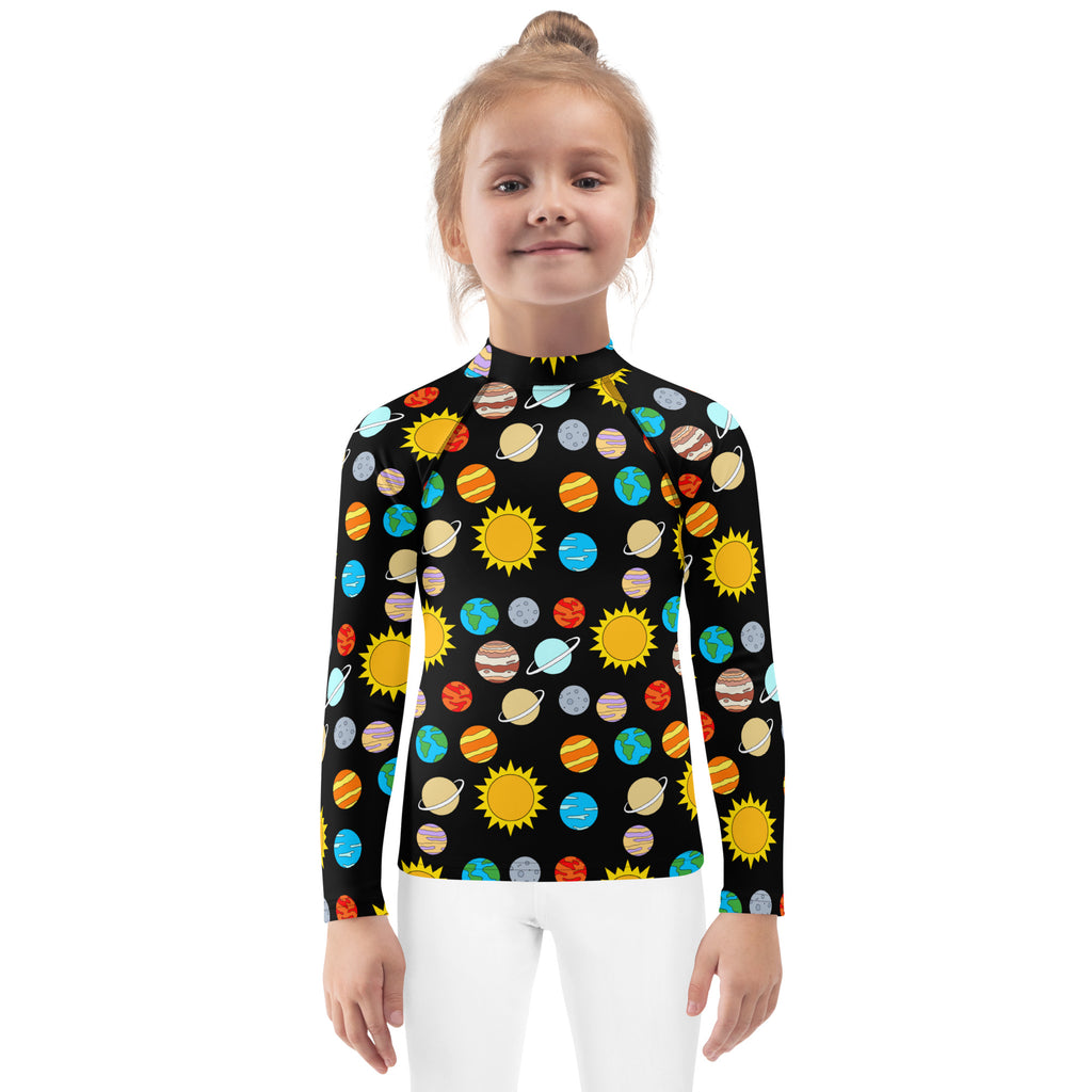 Black long-sleeved rash guard swim shirt with vibrant solar system print featuring planets and suns with upf 50+ protection