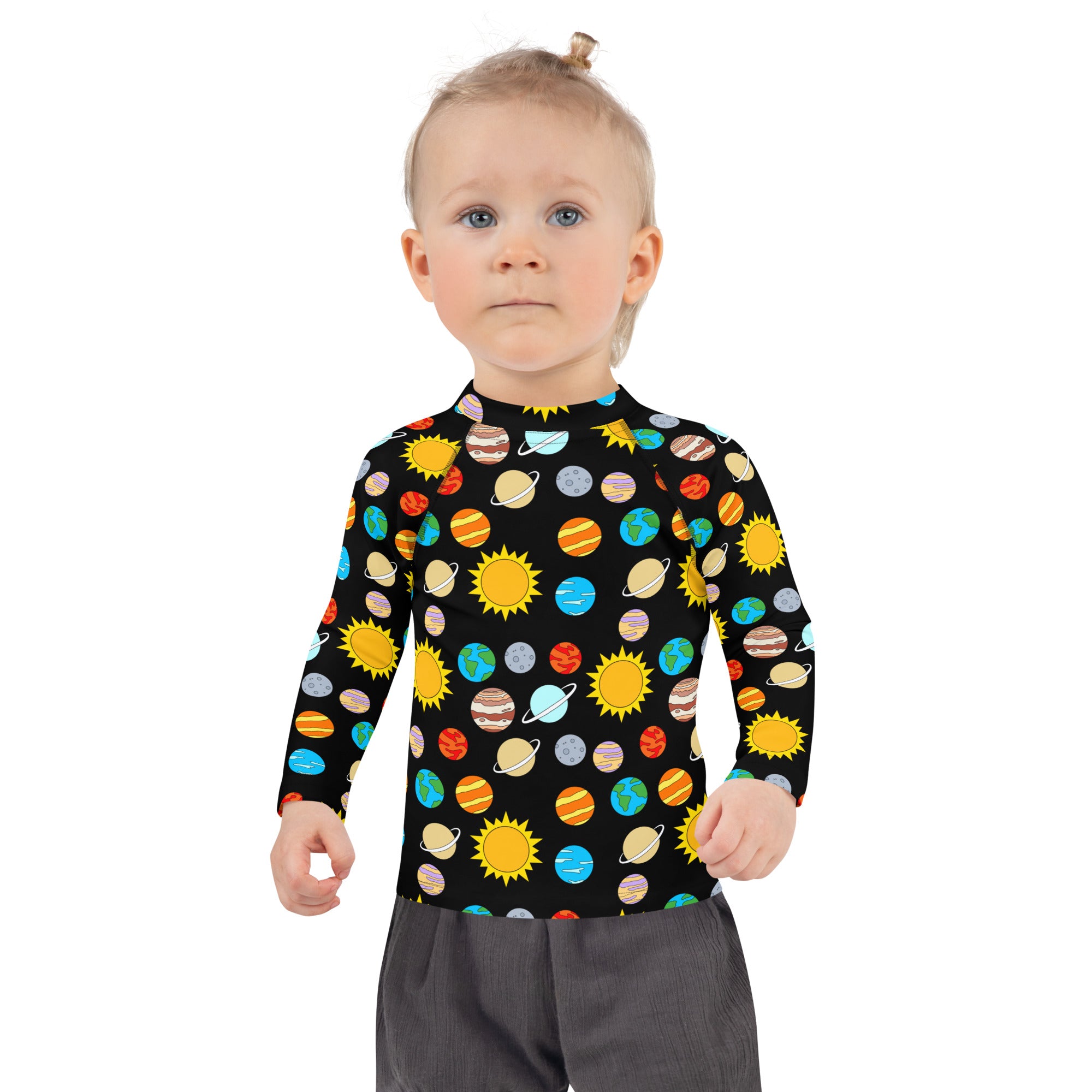 Black long sleeve kids rash guard swim shirt with vibrant solar system print and UPF 50 plus sun protection