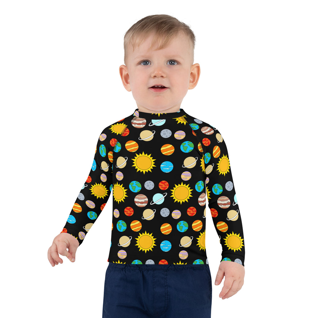 Black kids long sleeve rash guard swim shirt with colorful cartoon planets suns print and upf 50 plus protection