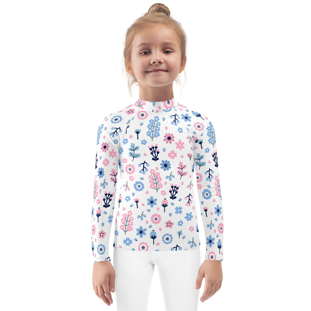Girls pink and blue floral long sleeve rash guard swim shirt white with UPF 50 plus sun protection and playful pattern