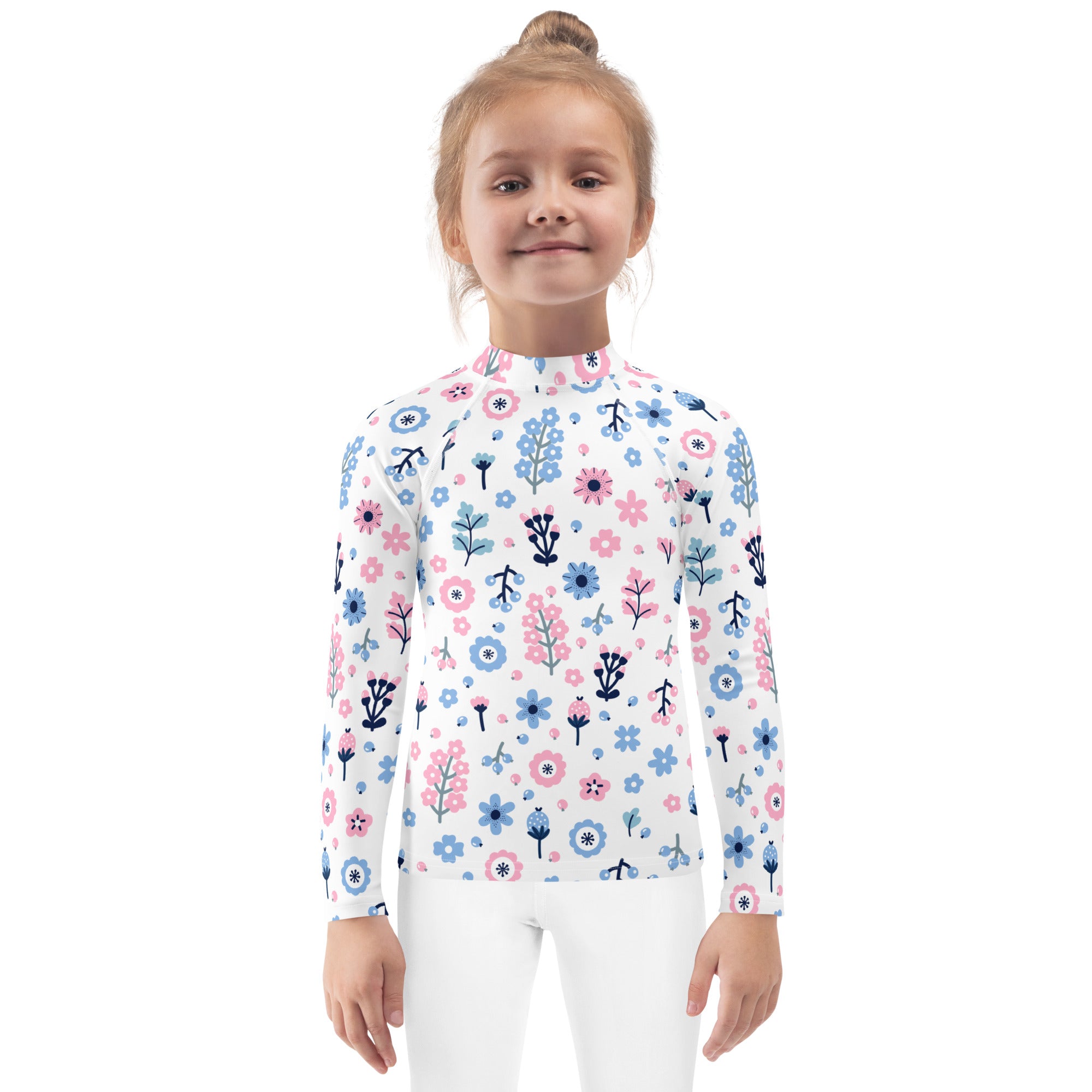 Girls pink and blue floral long sleeve rash guard swim shirt white with UPF 50 plus sun protection and playful pattern