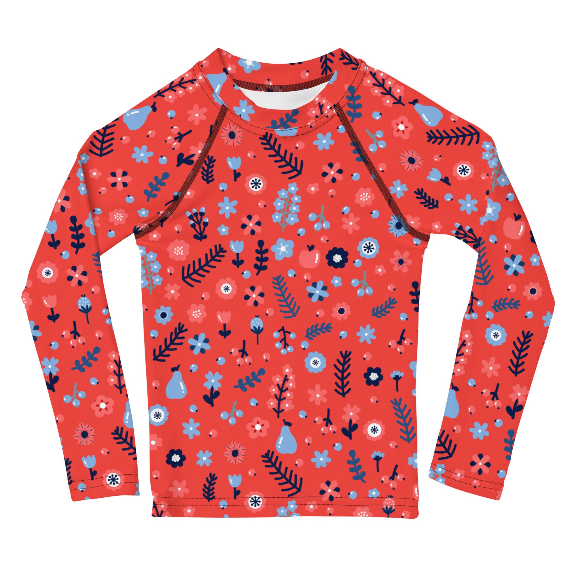 A vibrant coral long sleeve rash guard for girls with blue floral patterns and UPF 50 plus sun protection
