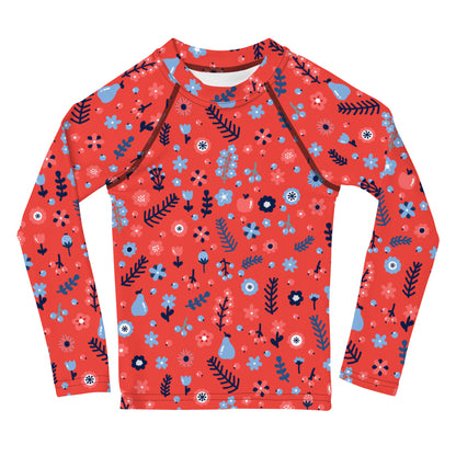 Girls Red Floral Long Sleeve Rash Guard Swim Shirt With UPF 50+