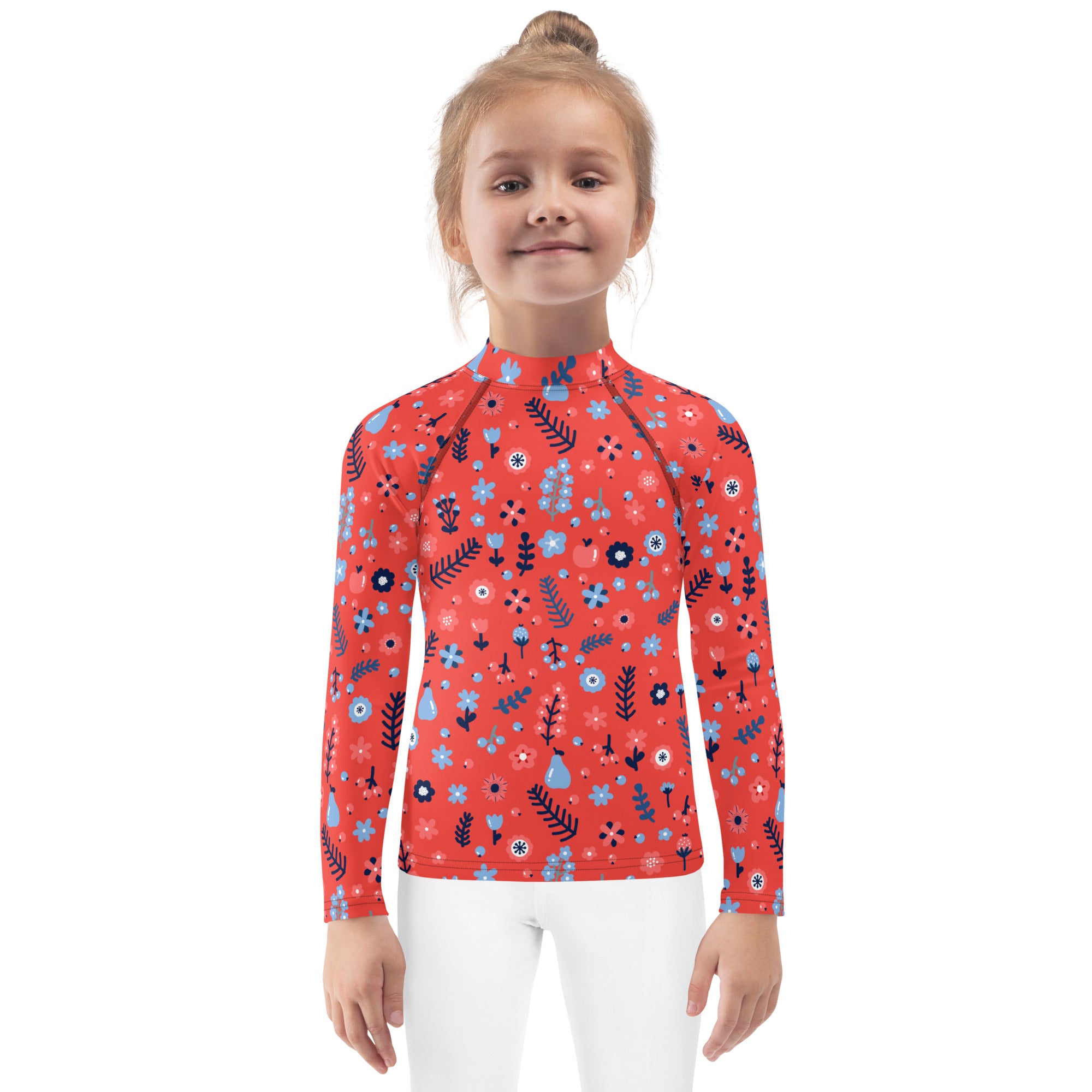 Girls red floral long sleeve rash guard swim shirt with UPF 50+ featuring blue and navy floral motifs