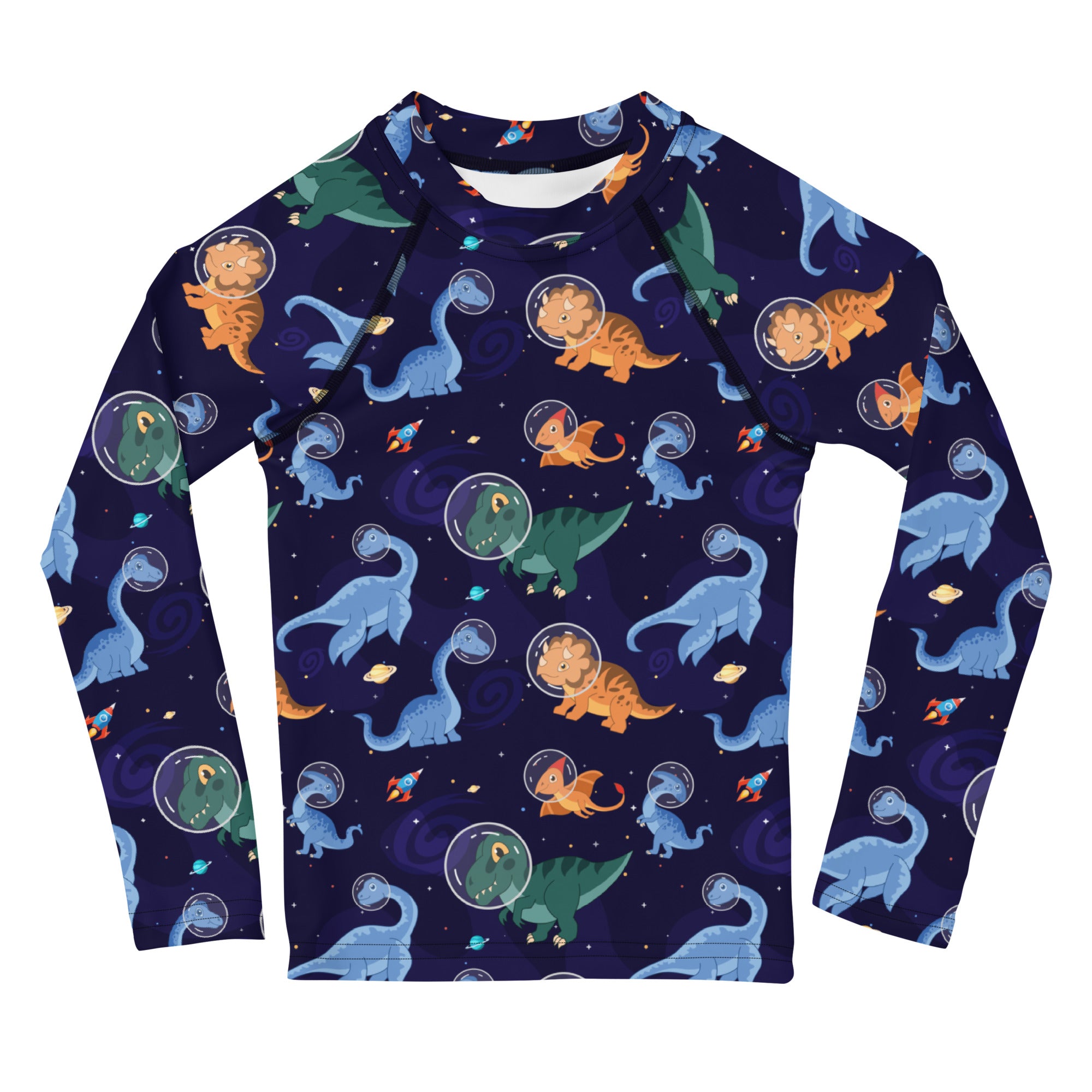 Navy blue kids long sleeve rash guard with cartoon dinosaurs in astronaut helmets floating in space with UPF 50+ protection