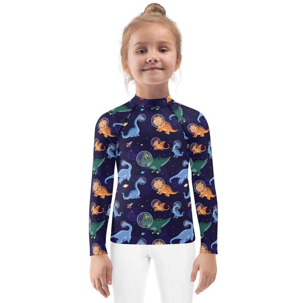 Navy blue kids long sleeve rash guard swim shirt with UPF 50 plus featuring colorful space dinosaurs pattern