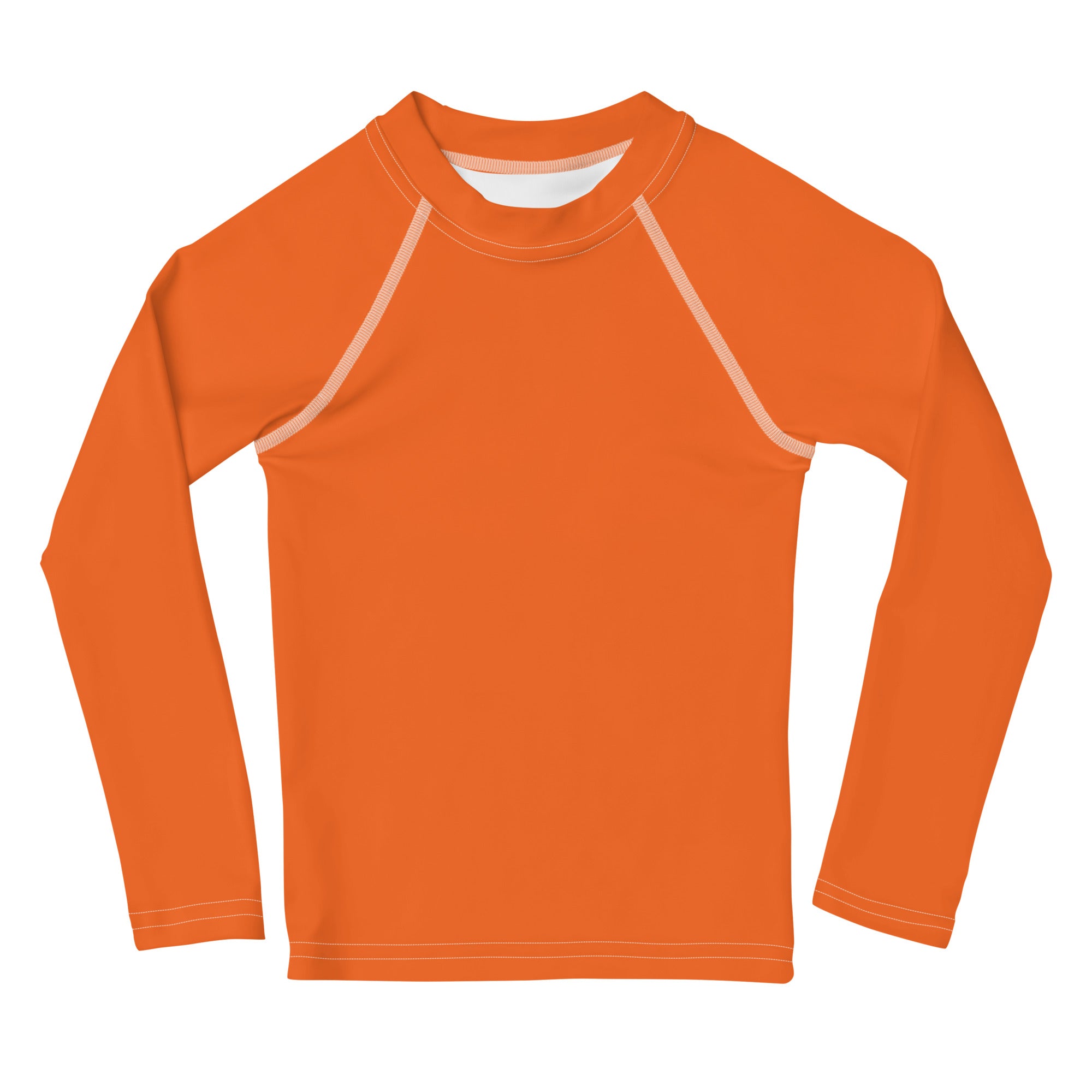 Kids orange long sleeve rash guard swim shirt with white stitching and UPF 50 plus for sun protection