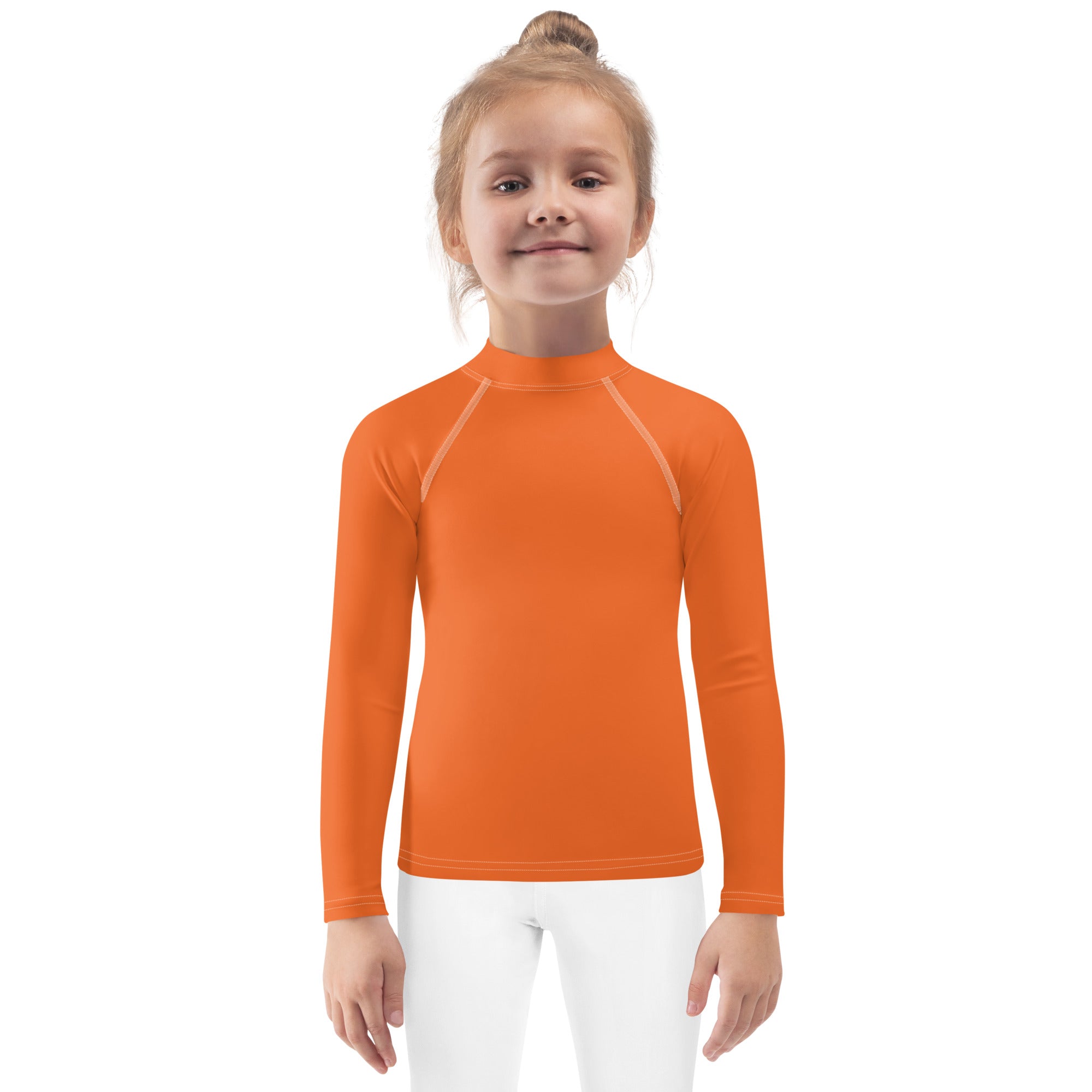 Kids orange long sleeve rash guard swim shirt with UPF 50+ featuring a high collar and subtle white seam accents