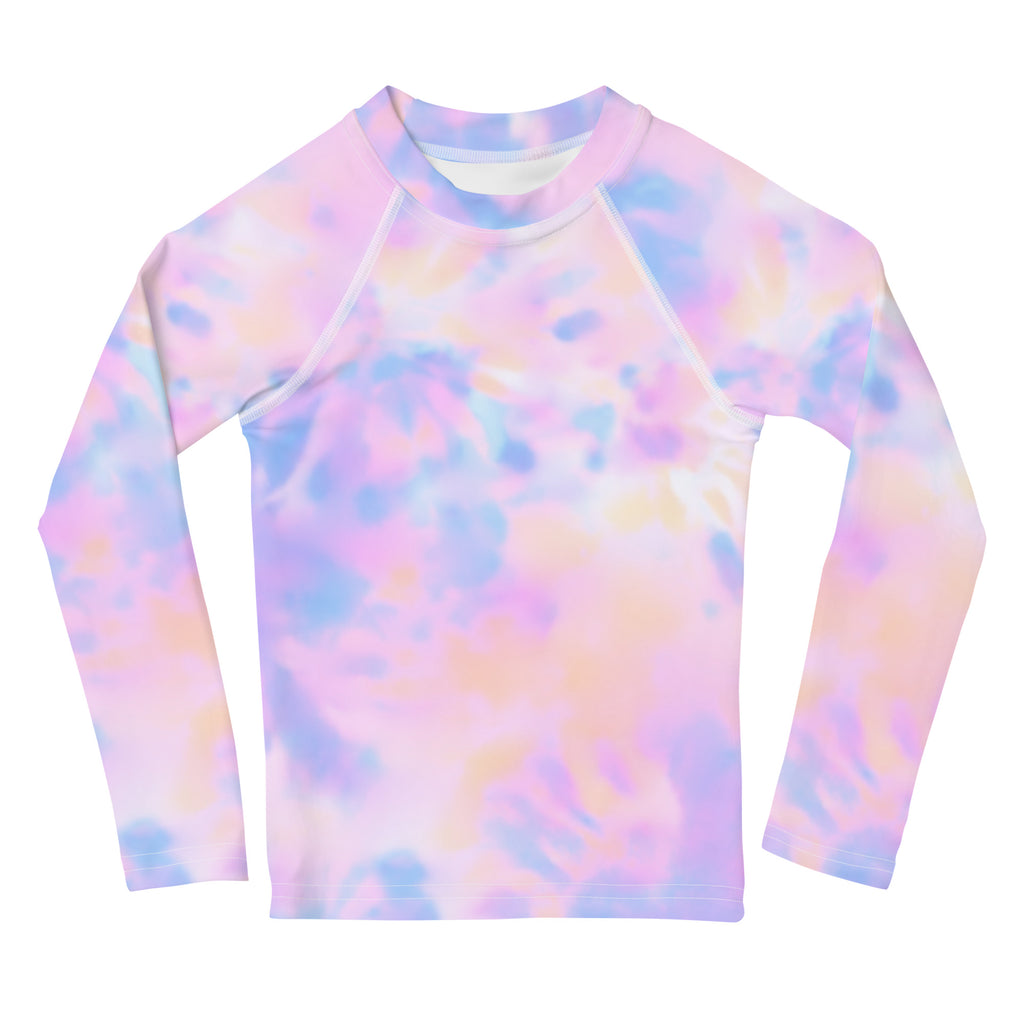 Girls pastel watercolor long sleeve rash guard swim shirt with upf 50 plus featuring soft pink lavender and blue tie dye