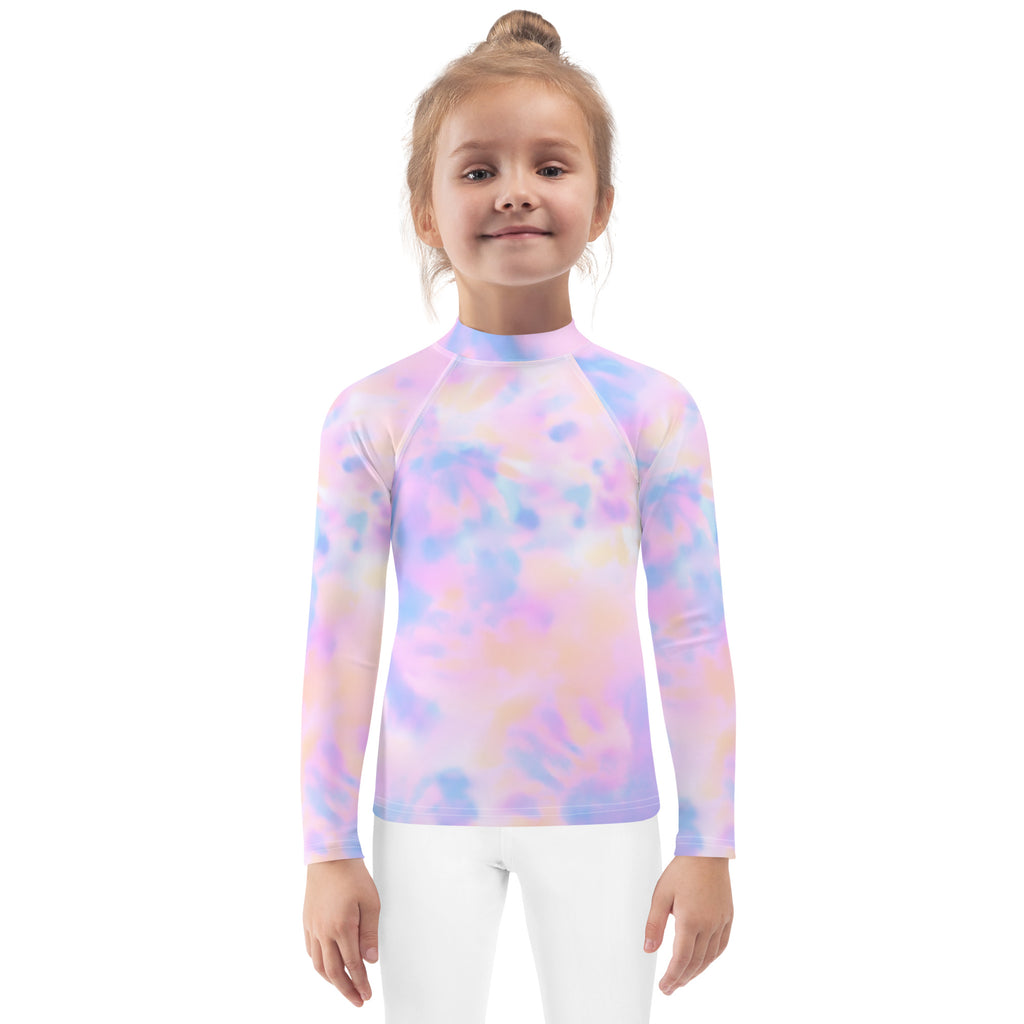Girls pastel tie-dye long sleeve rash guard swim shirt with UPF 50 plus for sun protection and water activities