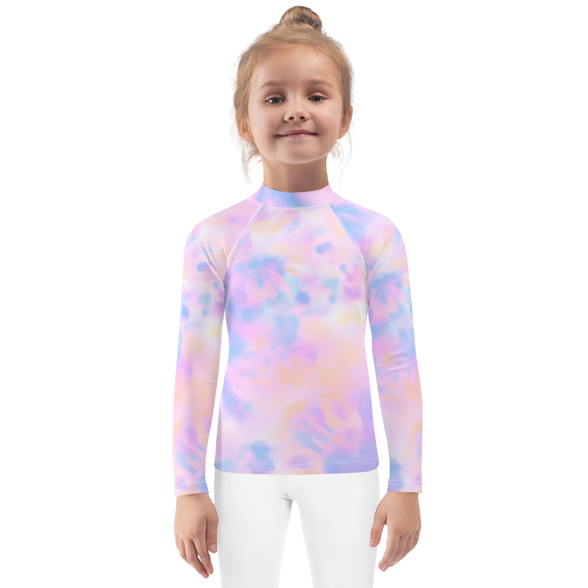 Girls pastel tie-dye long sleeve rash guard swim shirt with UPF 50 plus for sun protection and water activities