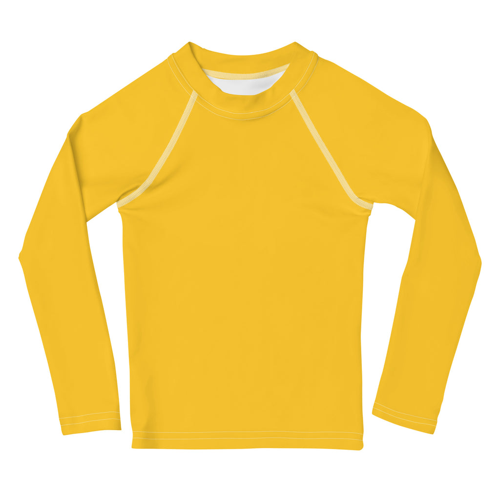 Kids yellow long sleeve rash guard swim shirt with white trim and upf 50 plus protection for sun safety