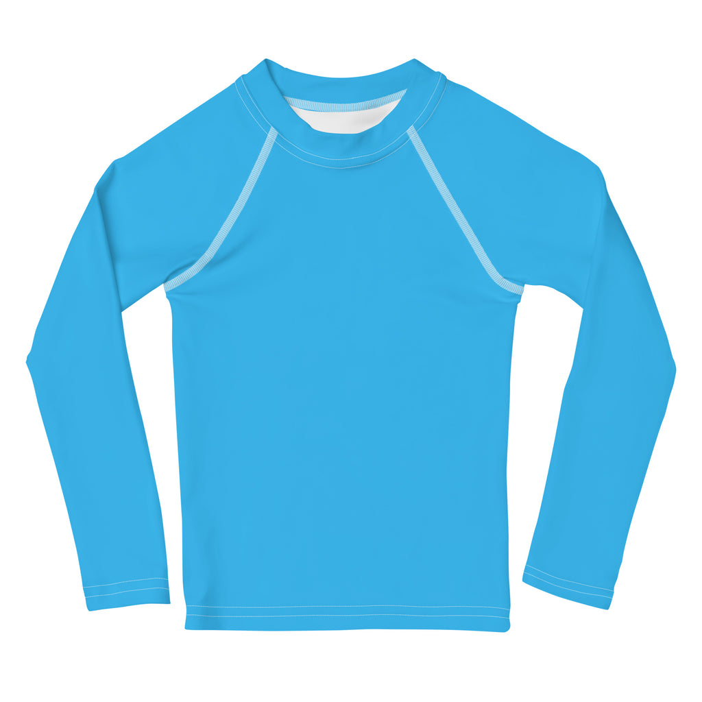 Kids sky blue long sleeve rash guard swim shirt with white seam detailing and UPF 50 plus for sun protection