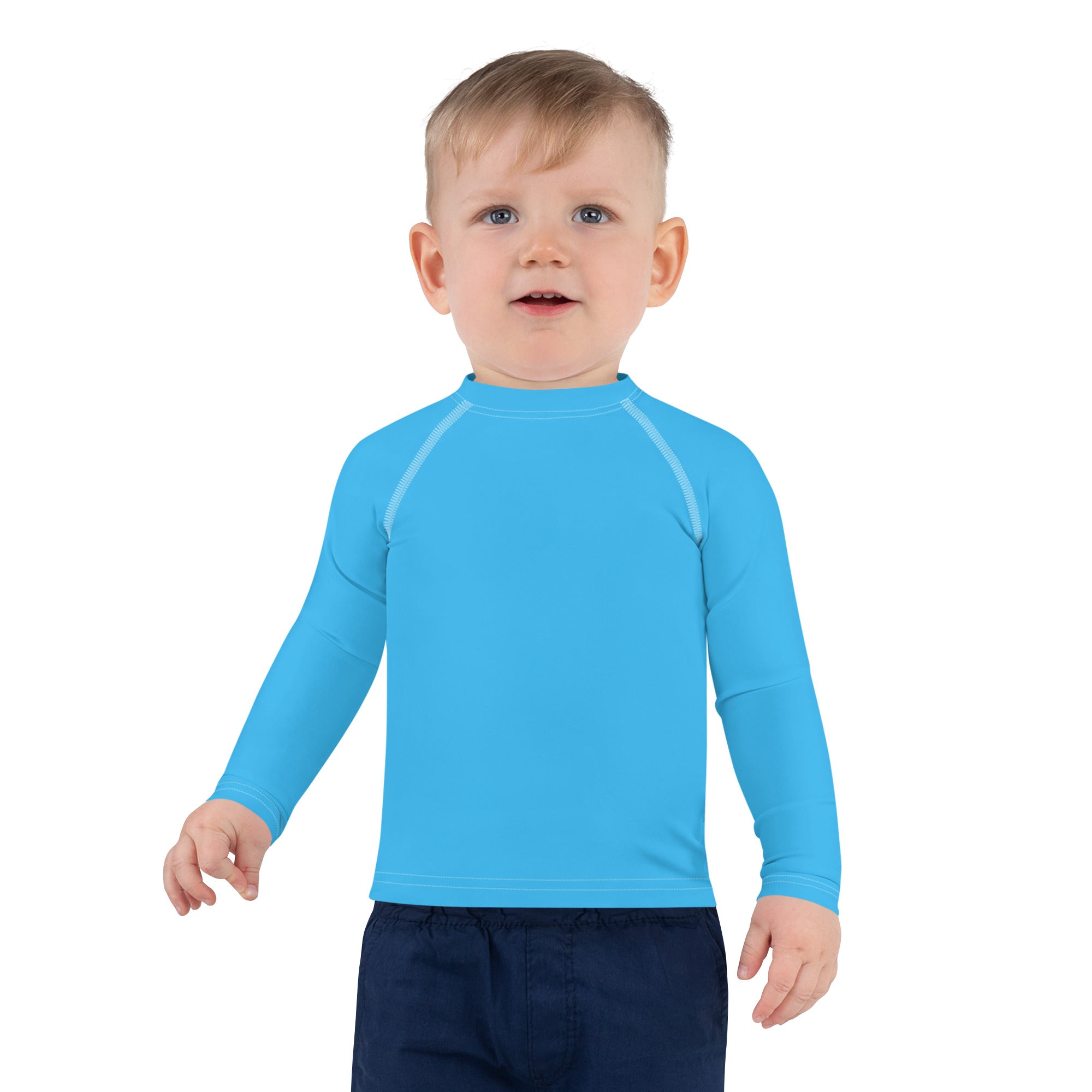Kids sky blue long sleeve rash guard swim shirt with UPF 50+ and subtle white seam detailing for sun protection