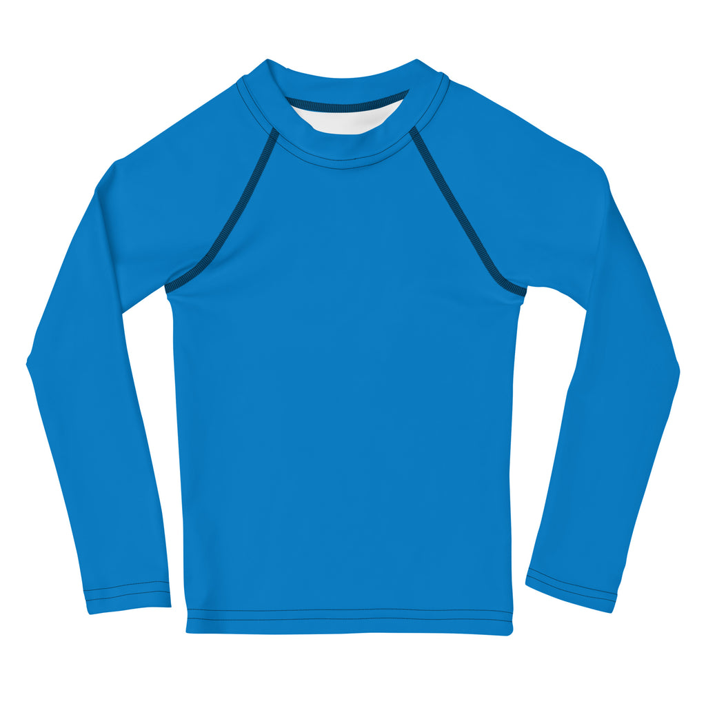 Kids navy blue long sleeve rash guard swim shirt with upf 50 plus featuring bright blue fabric and dark navy contrast stitching