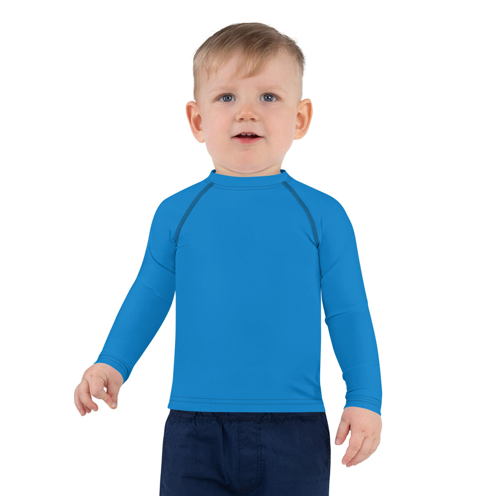 Kids navy blue long sleeve rash guard swim shirt with UPF 50+ and subtle dark gray seam detailing