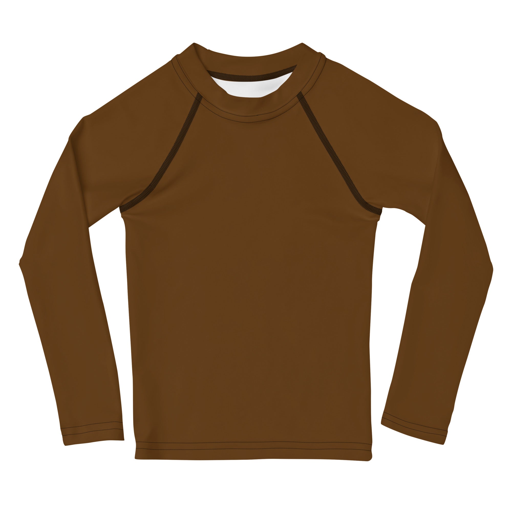 Kids brown long sleeve rash guard swim shirt with upf 50 plus and contrasting dark brown seam detailing