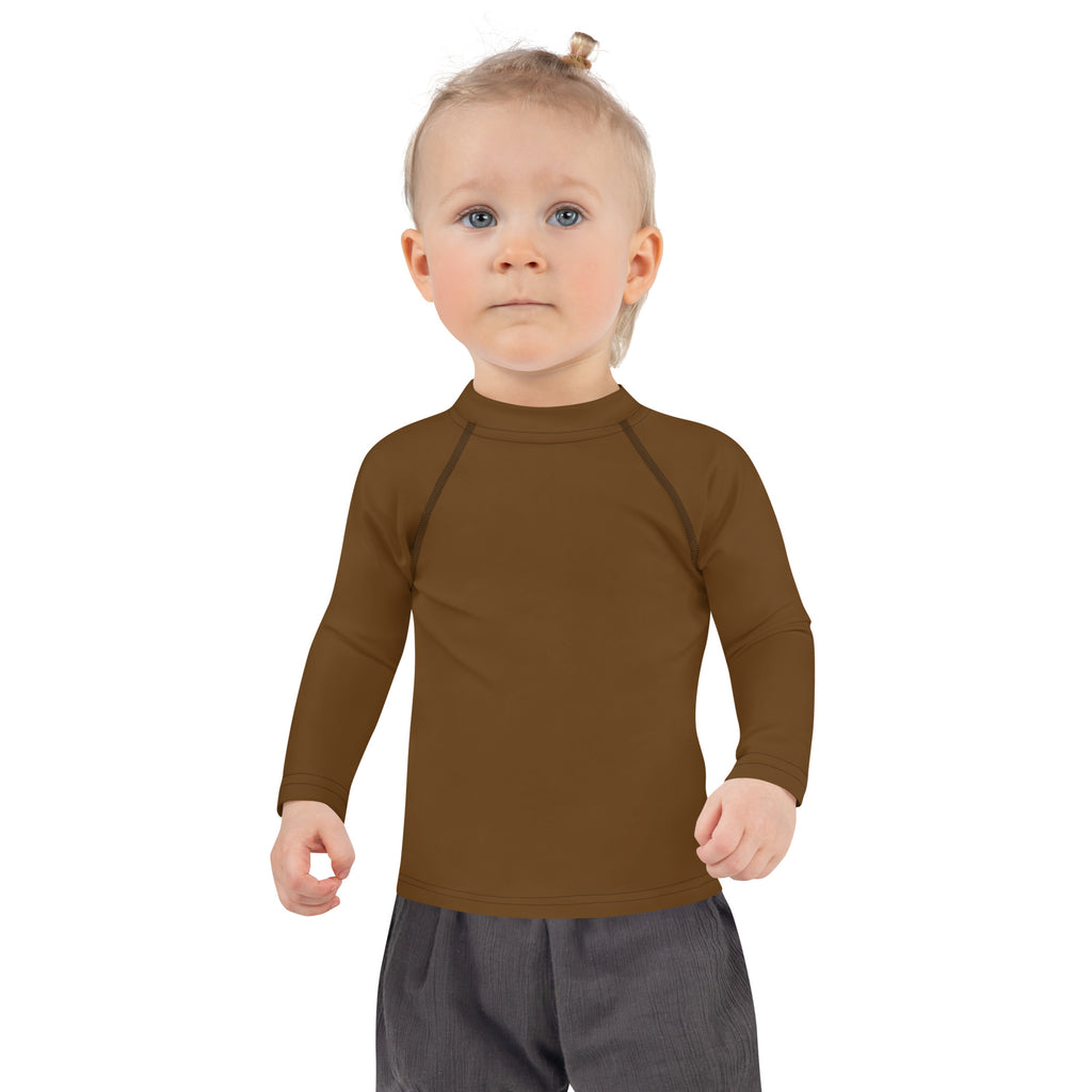 Kids brown long sleeve rash guard swim shirt with raglan sleeves and upf 50 plus for sun protection