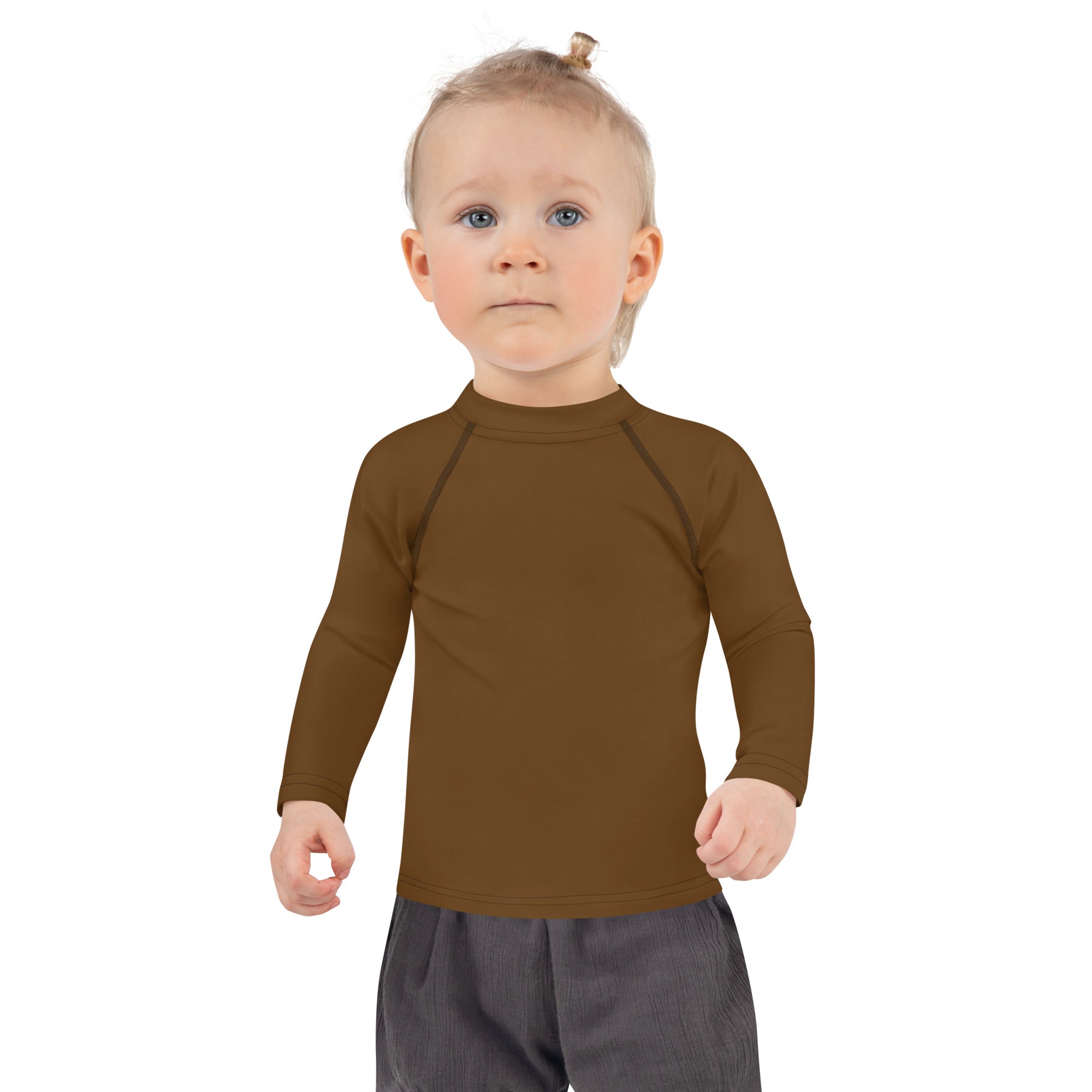 Kids brown long sleeve rash guard swim shirt with raglan sleeves and upf 50 plus for sun protection