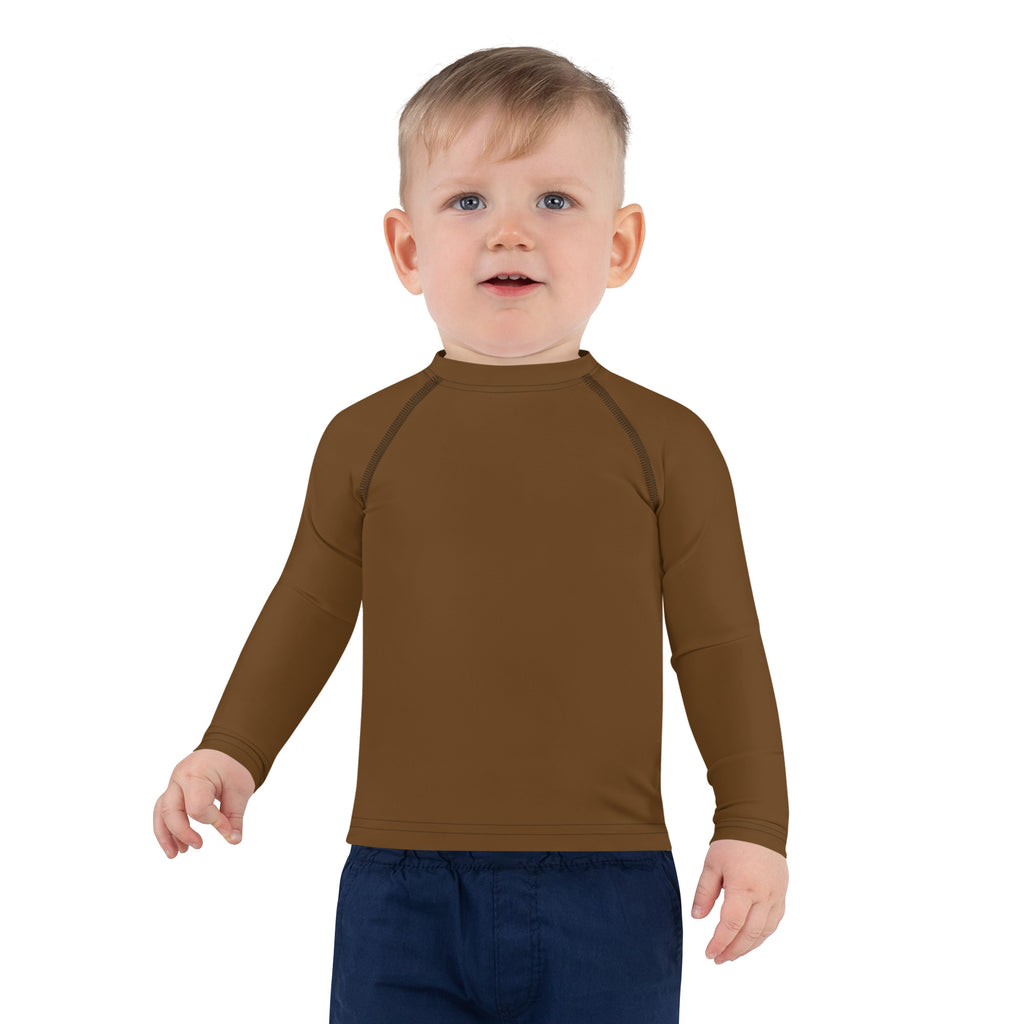 Kids brown long sleeve rash guard swim shirt with upf 50 plus for sun protection during water activities