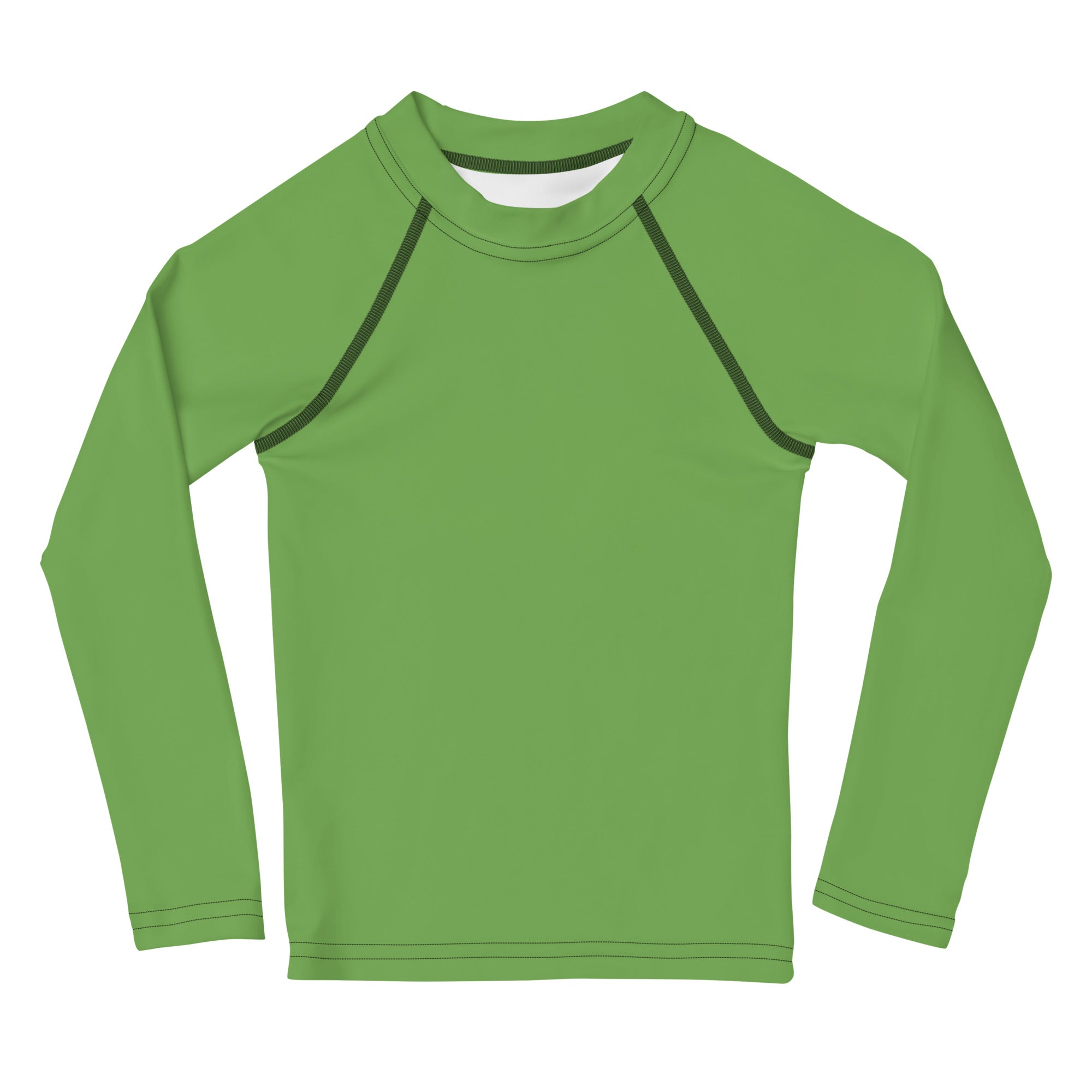 Kids green long sleeve rash guard swim shirt with upf 50 plus featuring solid green fabric and dark green seam detailing