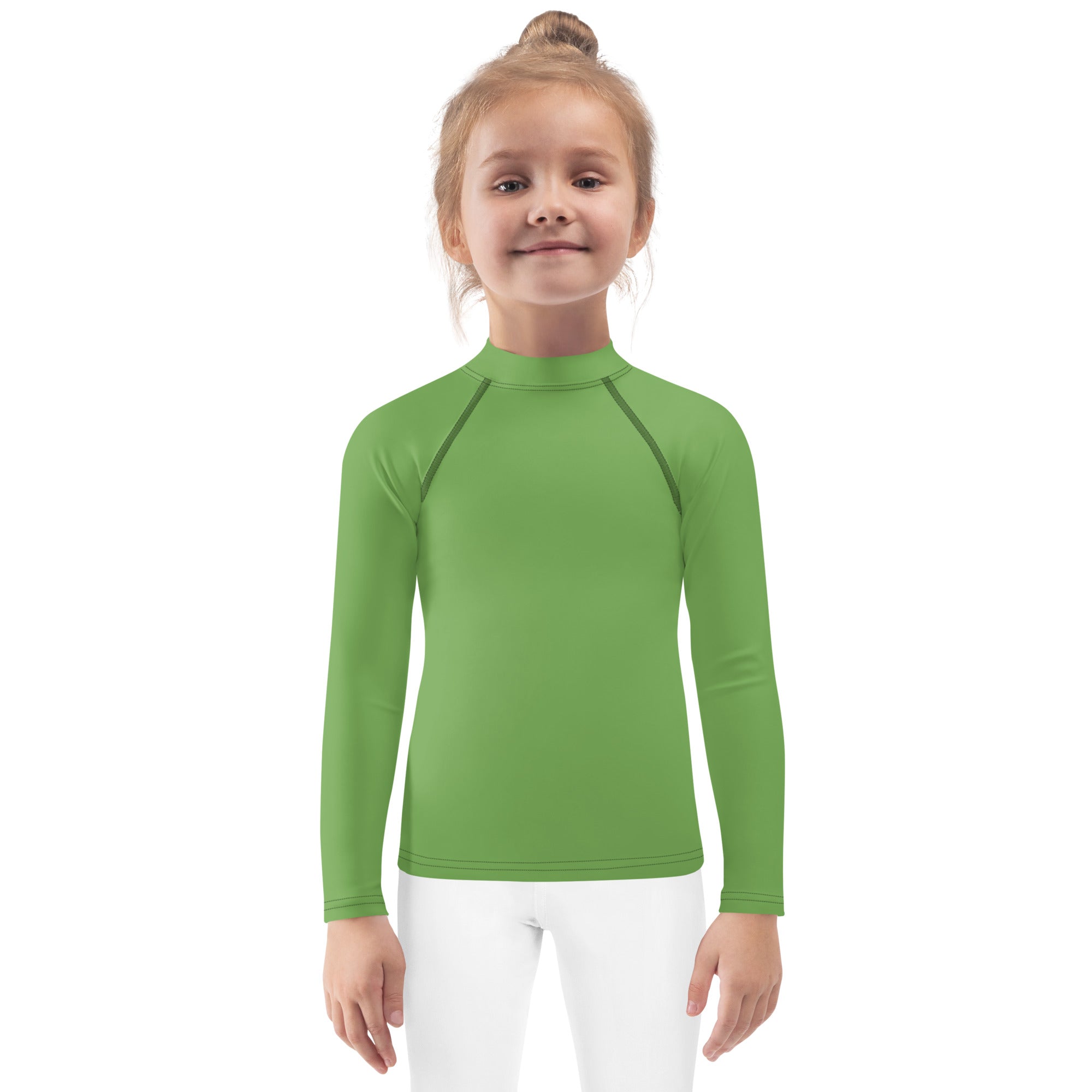Kids green long sleeve rash guard with upf 50 plus high collar and black seam detailing for swim protection