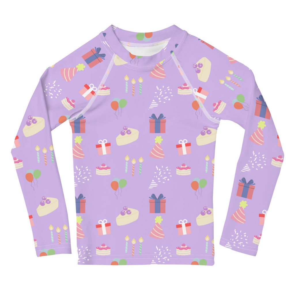 Girls birthday party sleeve rash guard swim shirt in lavender with playful pastel birthday cake and balloon patterns and upf 50+