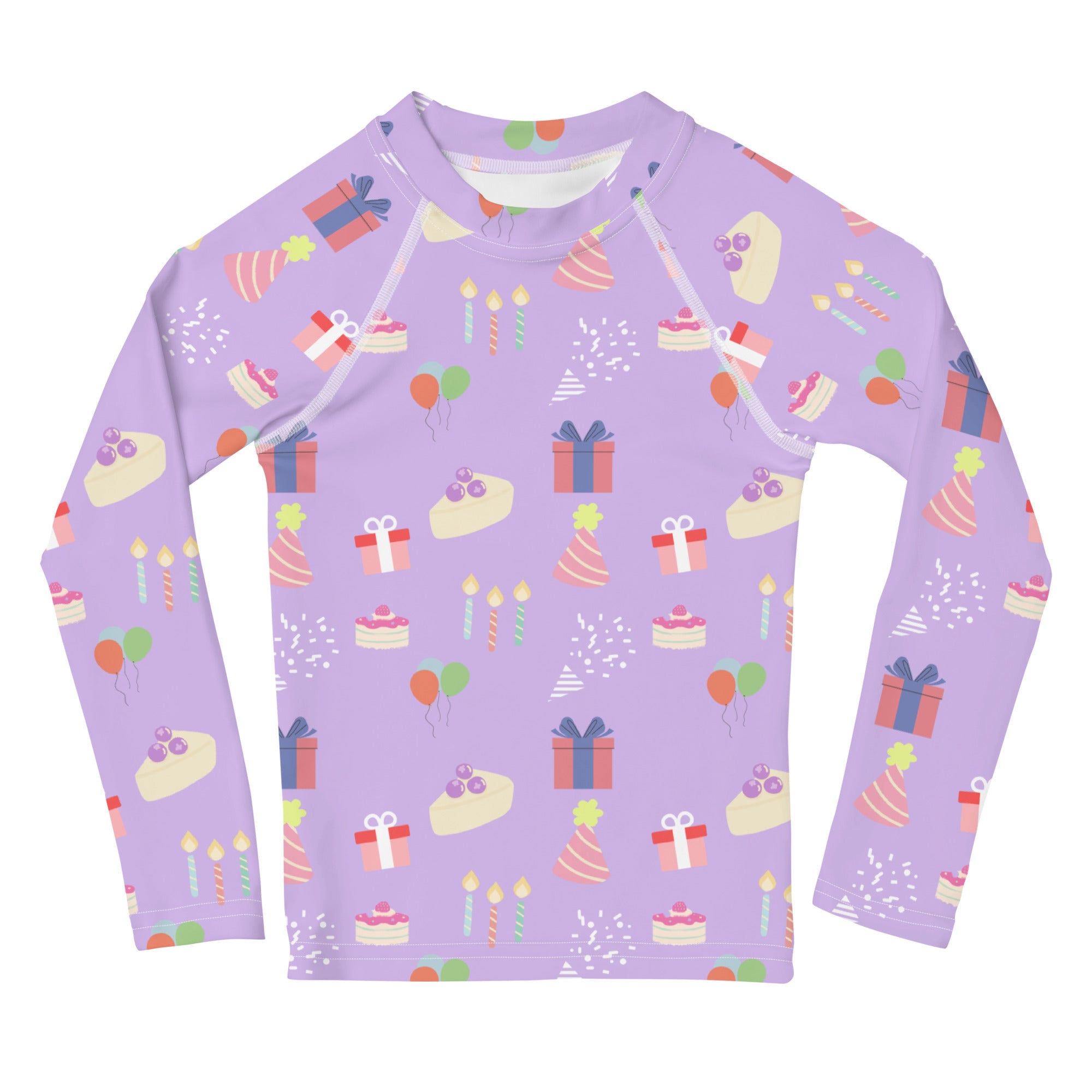Girls birthday party sleeve rash guard swim shirt in lavender with playful pastel birthday cake and balloon patterns and upf 50+