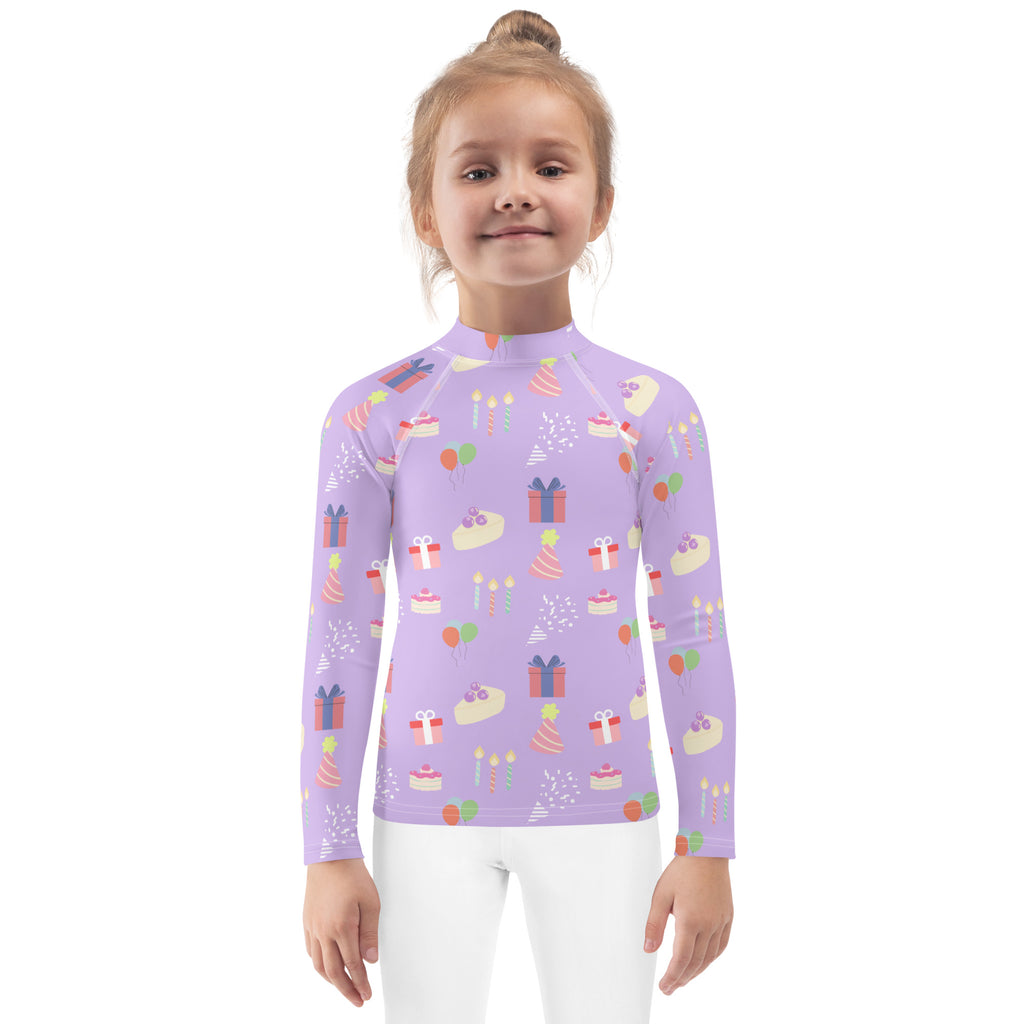 A lavender girls birthday party sleeve rash guard swim shirt with upf 50 and birthday cake and gift patterns