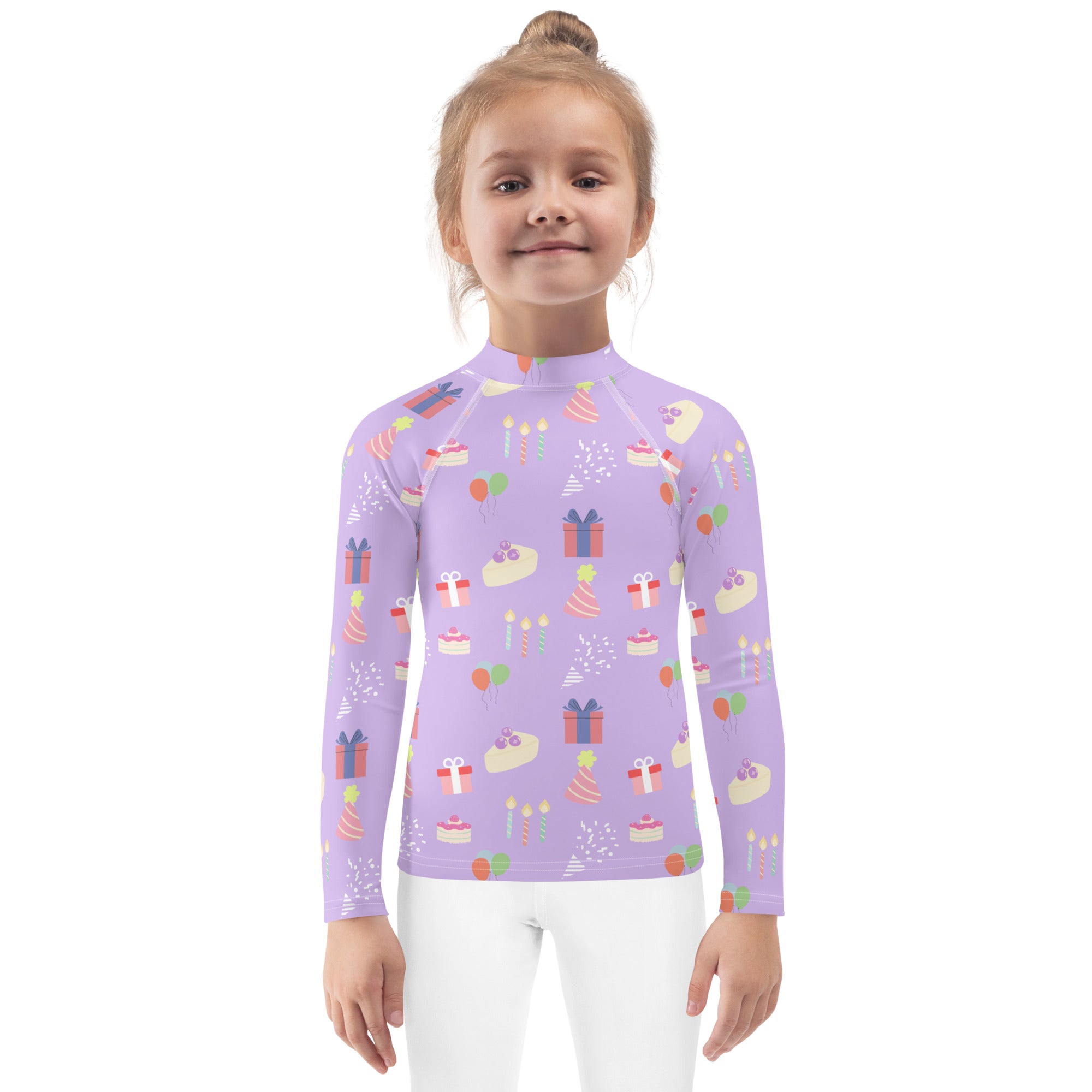 A lavender girls birthday party sleeve rash guard swim shirt with upf 50 and birthday cake and gift patterns