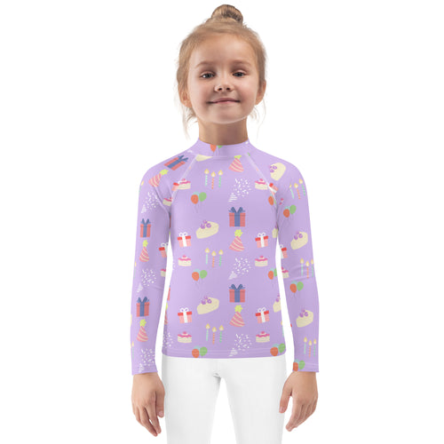 A lavender girls birthday party sleeve rash guard swim shirt with upf 50 and birthday cake and gift patterns