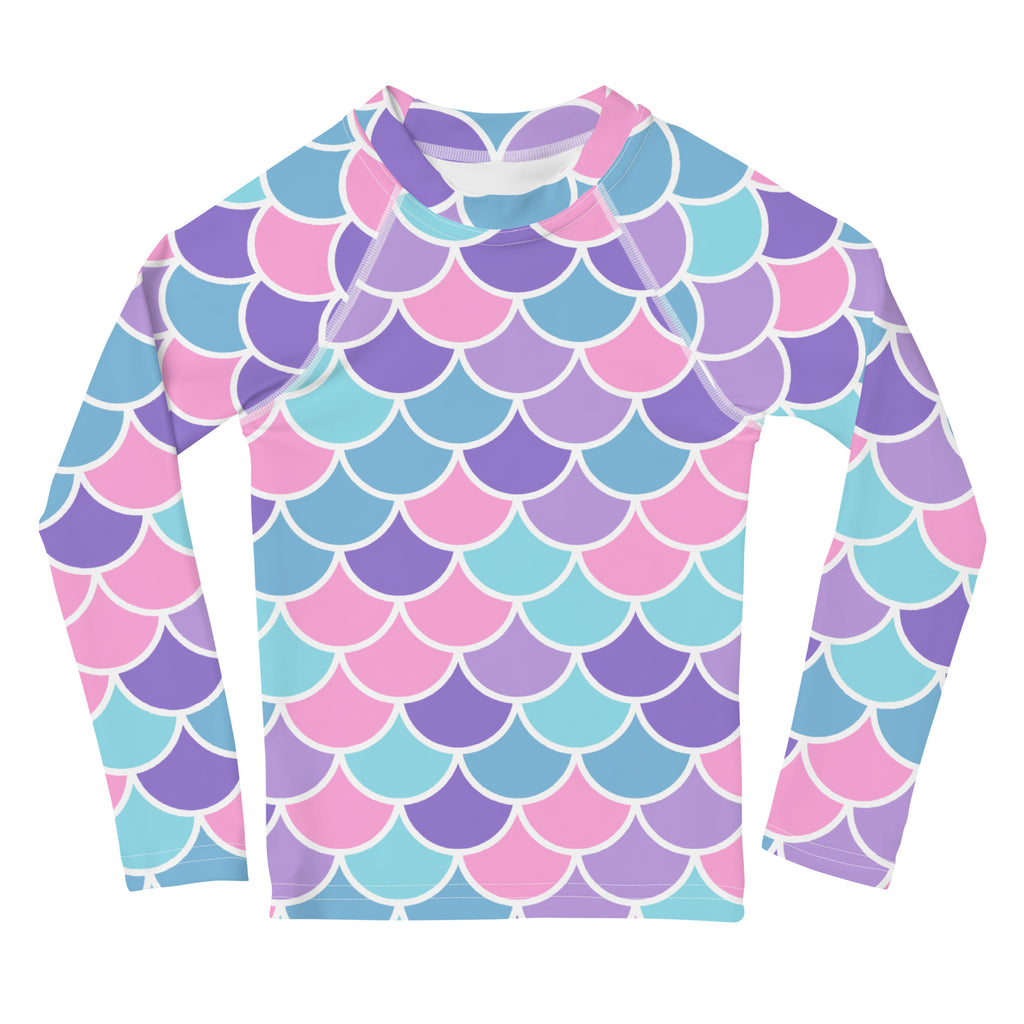 Girls pastel mermaid scales long sleeve rash guard swim shirt with vibrant pink purple teal pattern and upf 50 plus