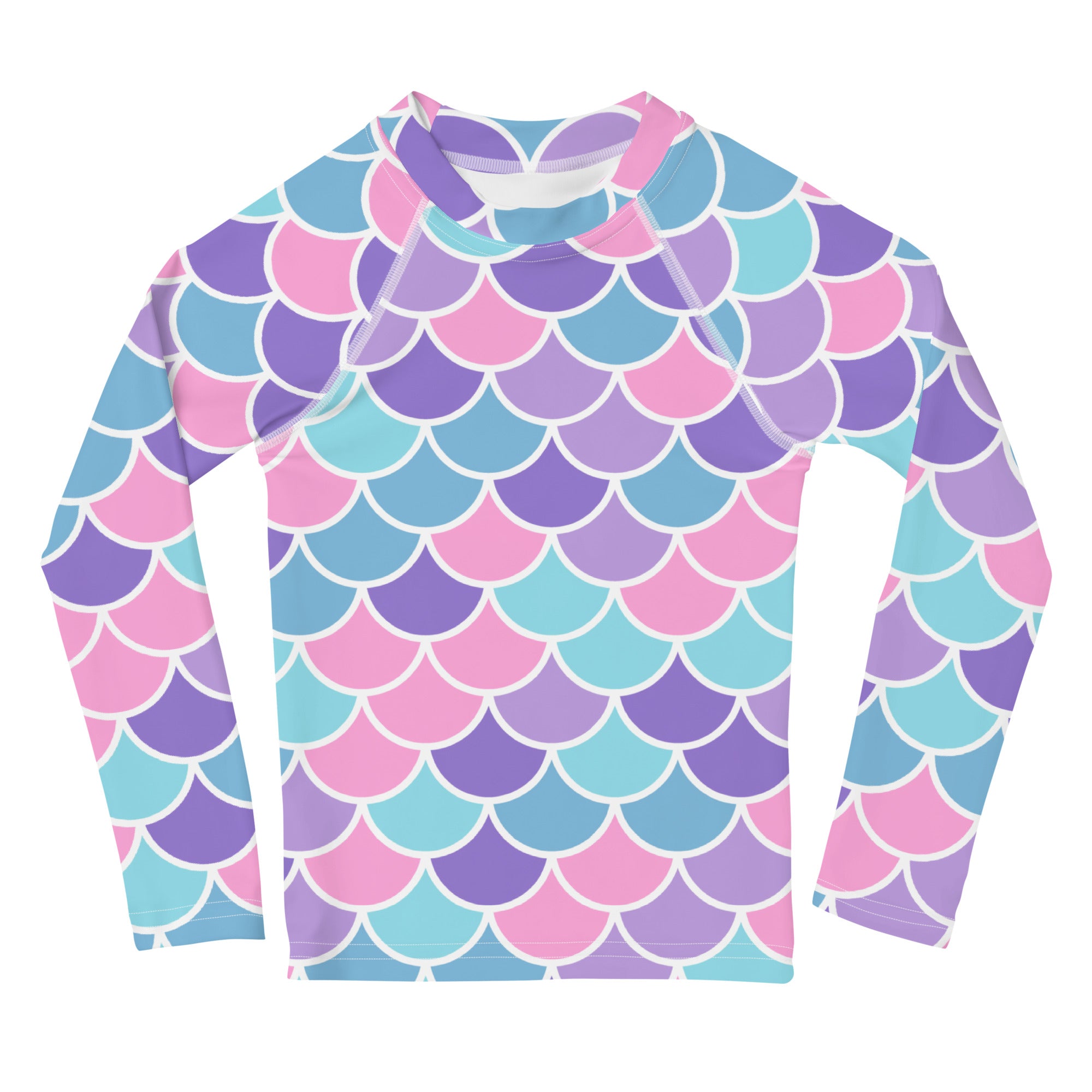 Girls pastel mermaid scales long sleeve rash guard swim shirt with vibrant pink purple teal pattern and upf 50 plus