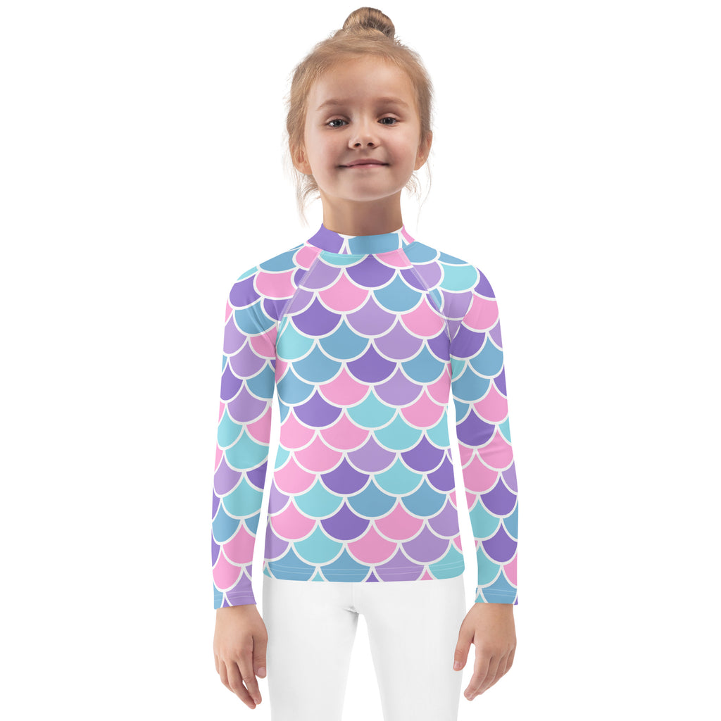 Girls pastel mermaid scales long sleeve rash guard swim shirt with upf 50 featuring vibrant pink purple and teal mermaid scales