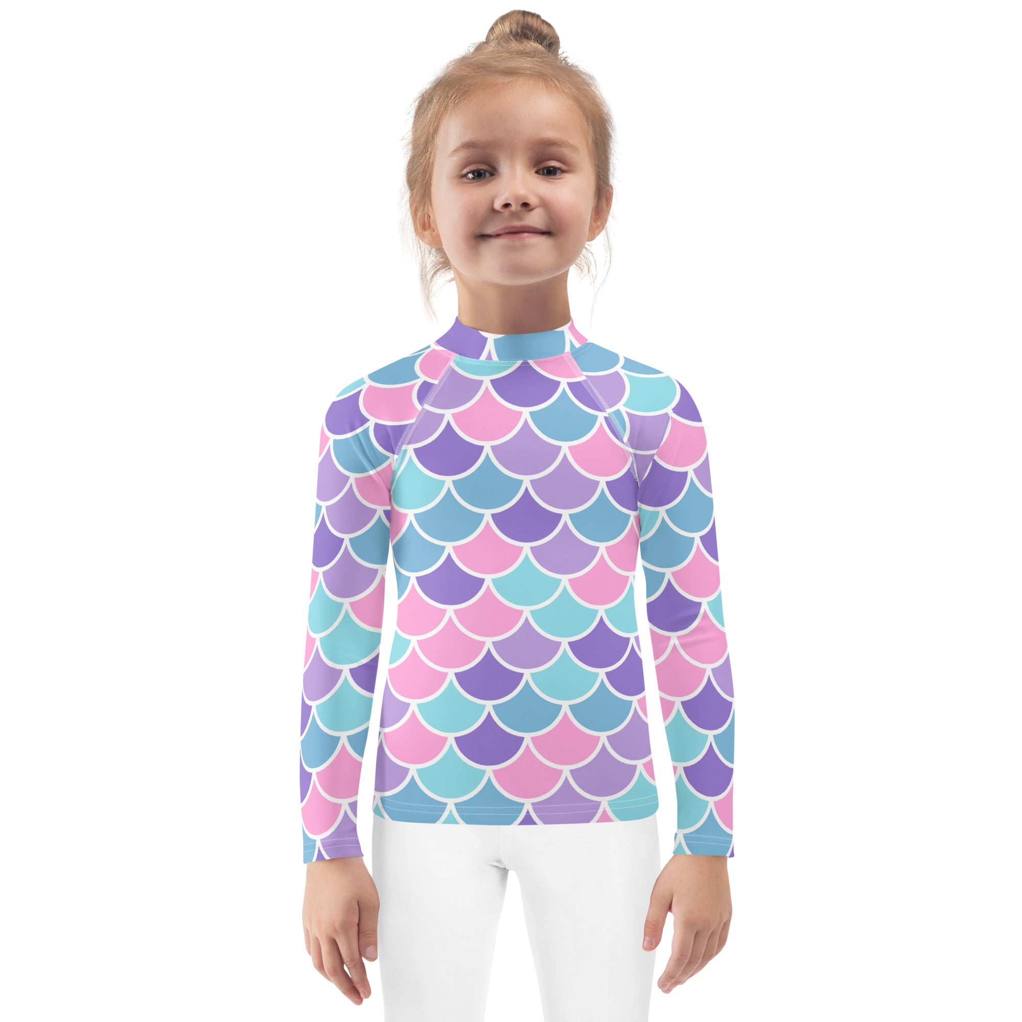 Girls pastel mermaid scales long sleeve rash guard swim shirt with upf 50 featuring vibrant pink purple and teal mermaid scales