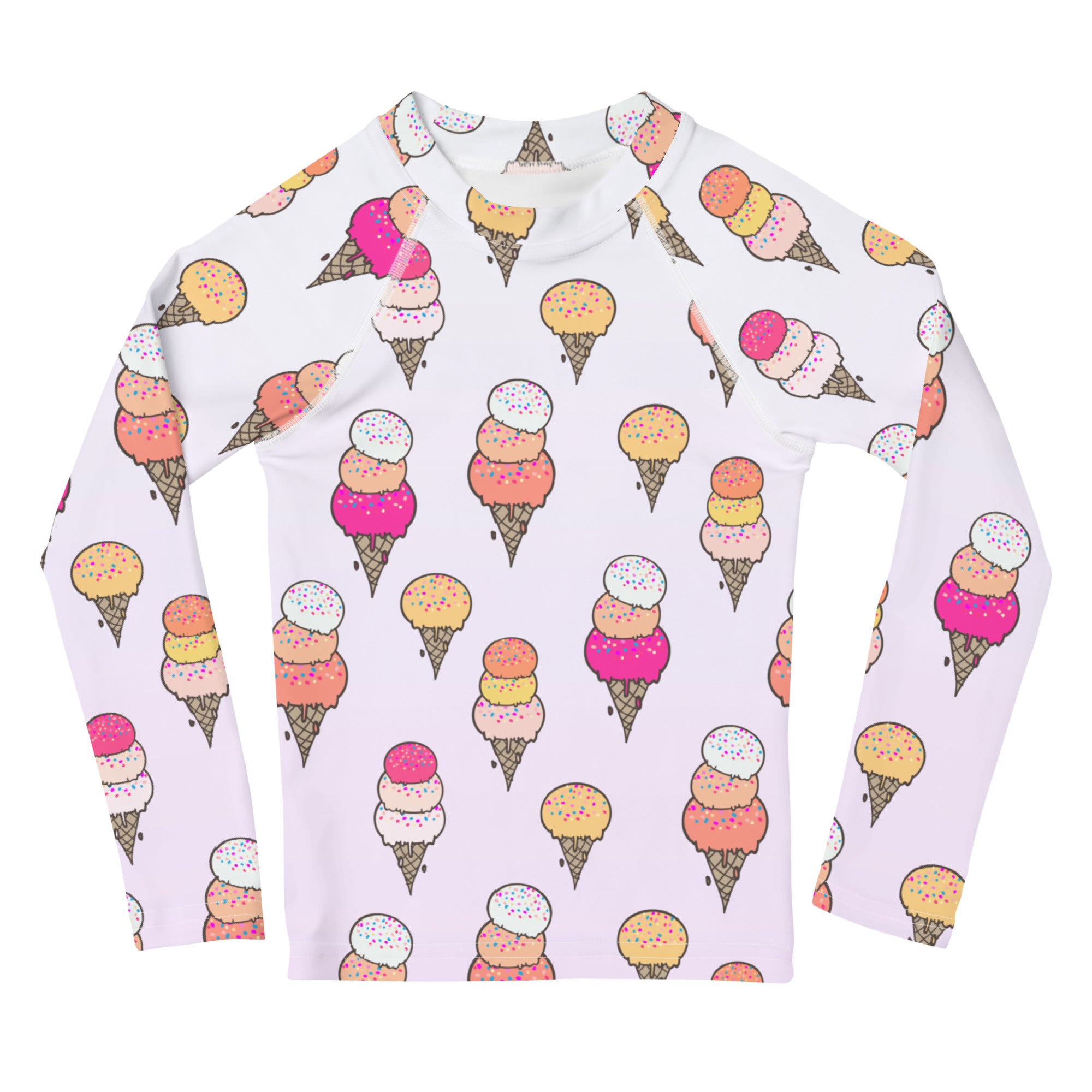 Girls ice cream cone long sleeve rash guard swim shirt in white with colorful ice cream cone pattern and UPF 50 plus protection