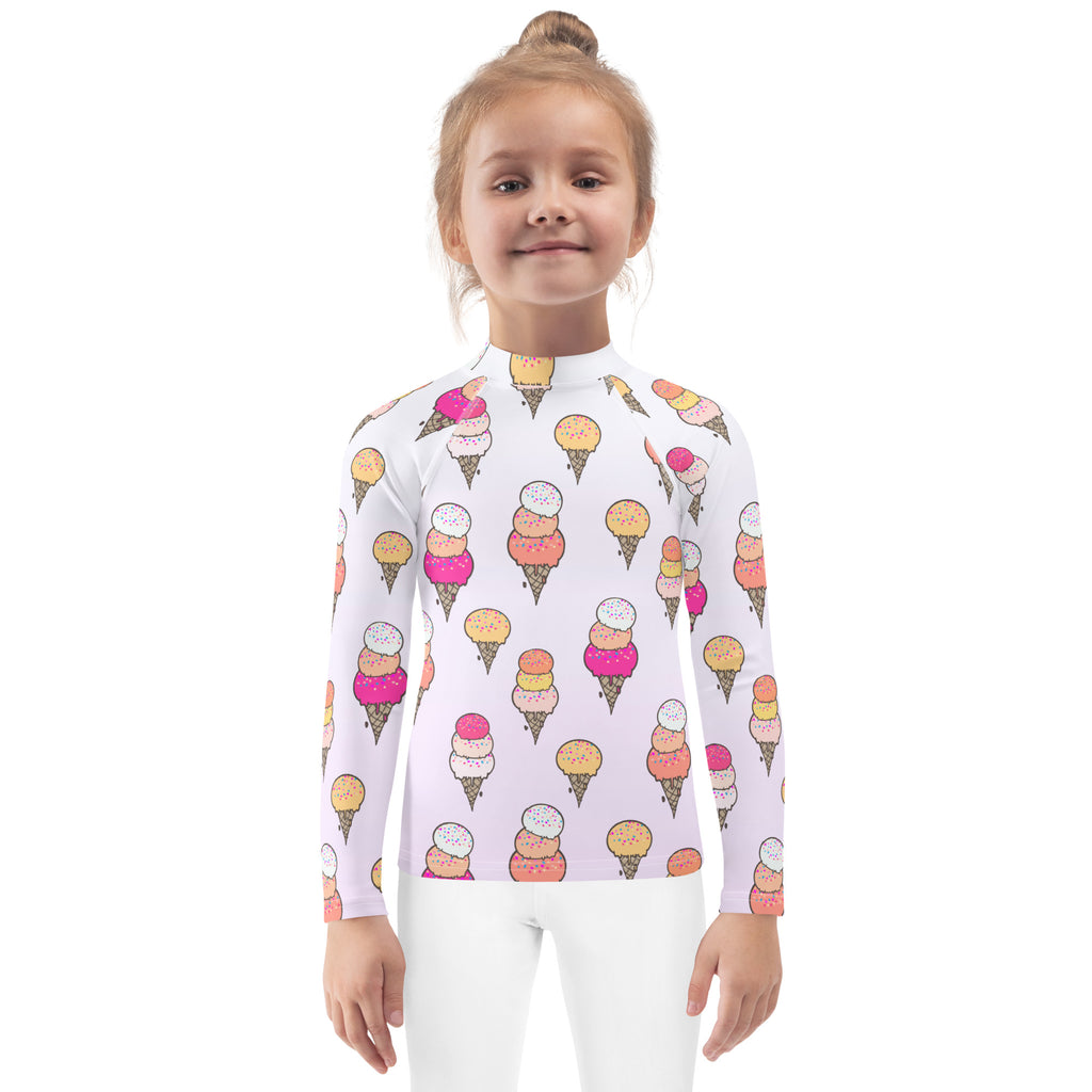 White long-sleeved rash guard with colorful ice cream cone pattern for girls upf 50 plus swim shirt