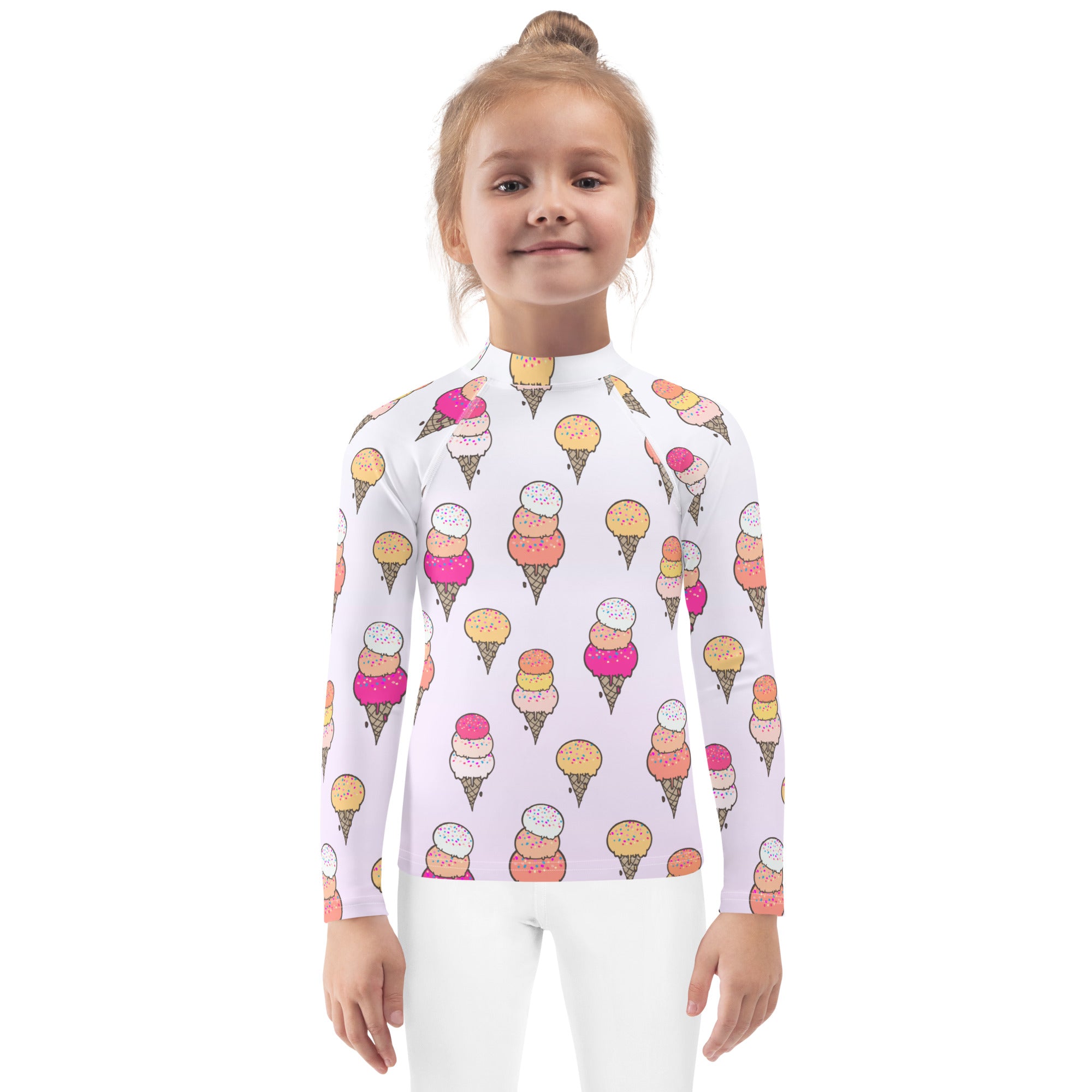 White long-sleeved rash guard with colorful ice cream cone pattern for girls upf 50 plus swim shirt