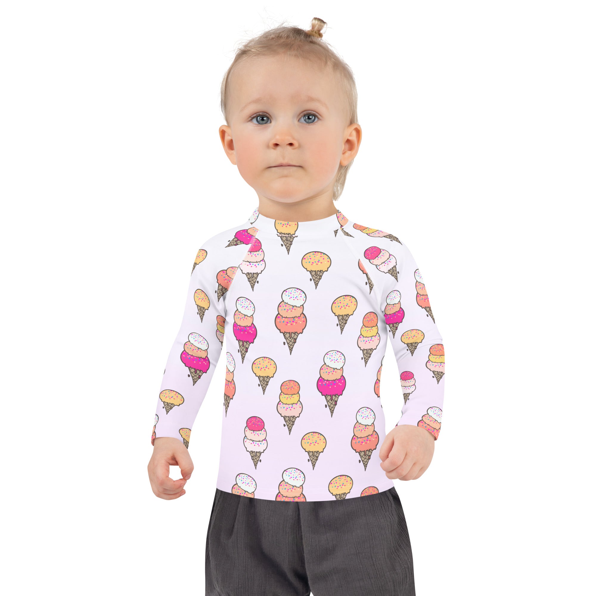 Girls ice cream cone long sleeve rash guard swim shirt with UPF 50 plus white shirt with colorful ice cream cone pattern