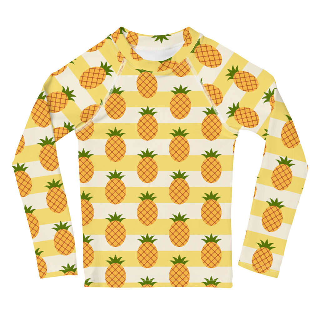 Yellow and white striped kids long sleeve rash guard with orange pineapple pattern and upf 50 plus sun protection